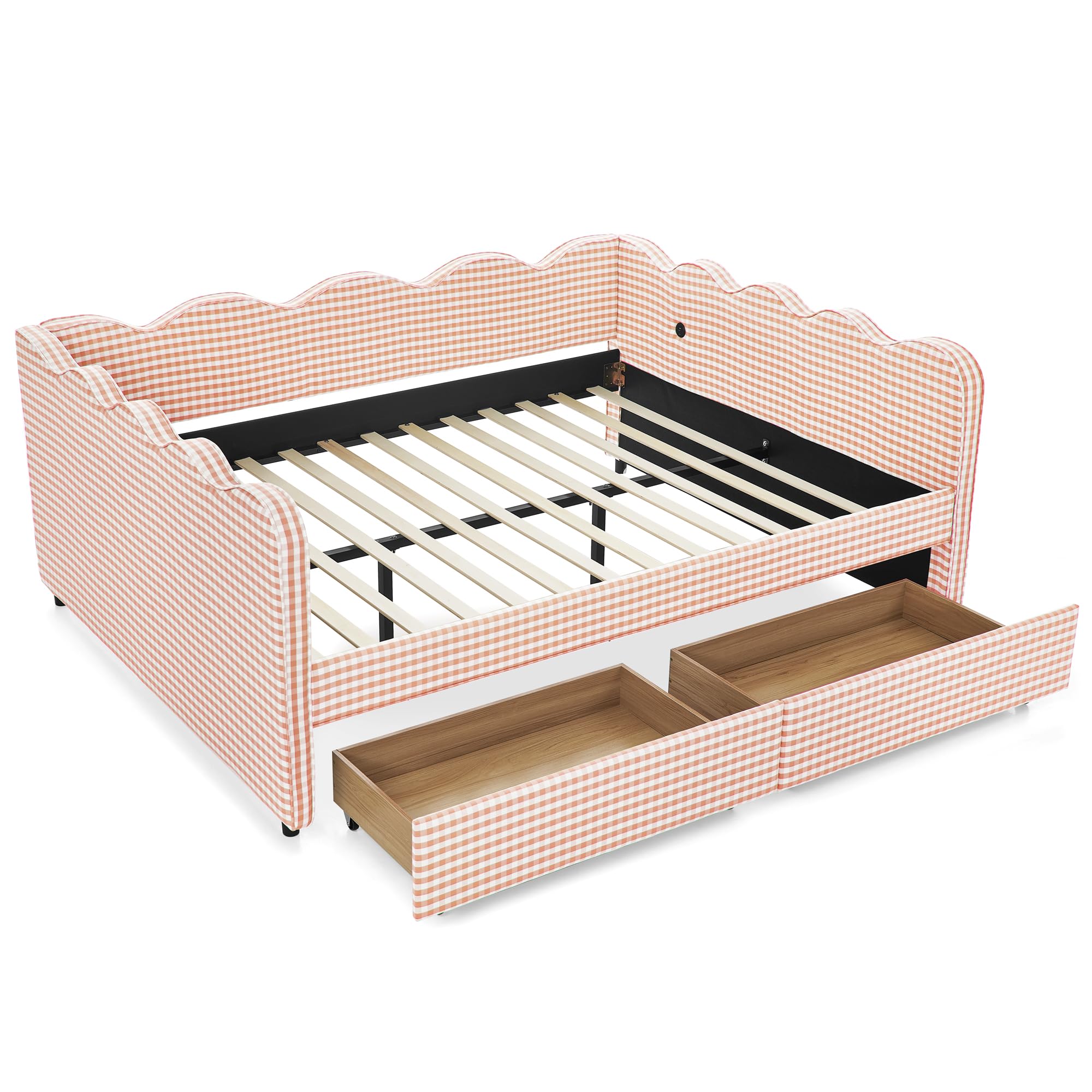 DNYN Gingham Daybed with 2 Storage Drawers and USB Ports for Bedroom/Guest Room, Queen Size Adorable Wave Shape Design Sofabed Frame with Wooden Slats Support, No Box Spring Needed