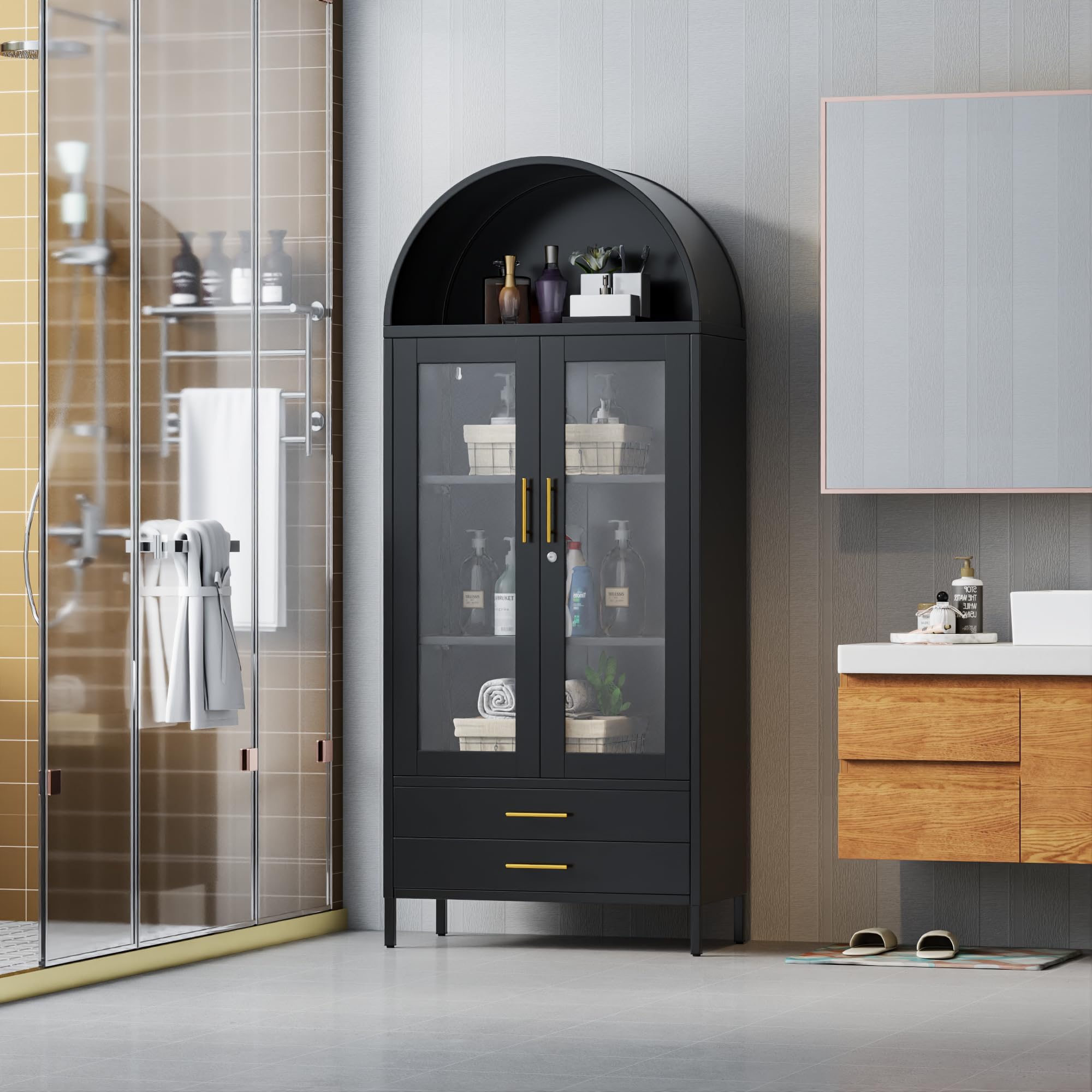GangMei 73" Tall Display Cabinet with Glass Doors and 2 Drawers, Metal Arched Cabinet with 2 Adjustable Shelves & Lock, Freestanding Curio Storage Cabinet for Home, Assembly Required, Black