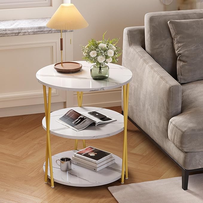 Round 3-Tier Side Table with Storage Shelves