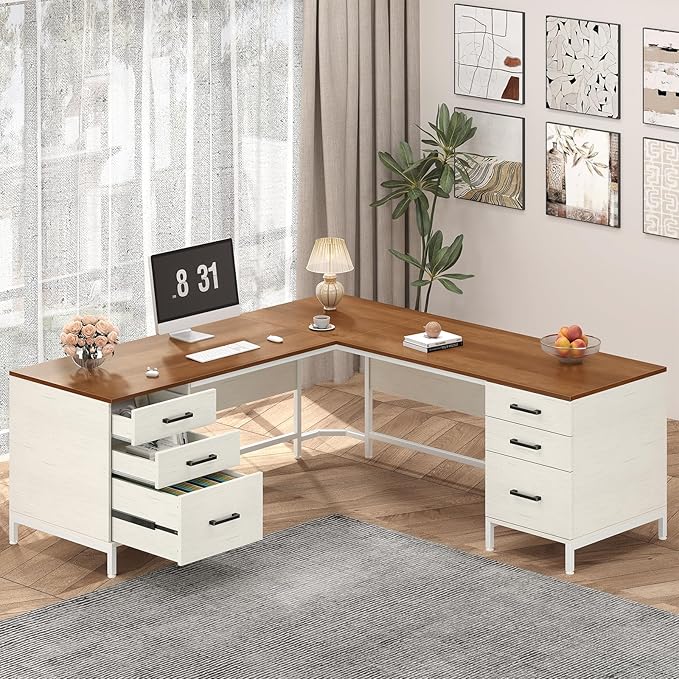 L-Shaped Corner Desk with 6 Drawers