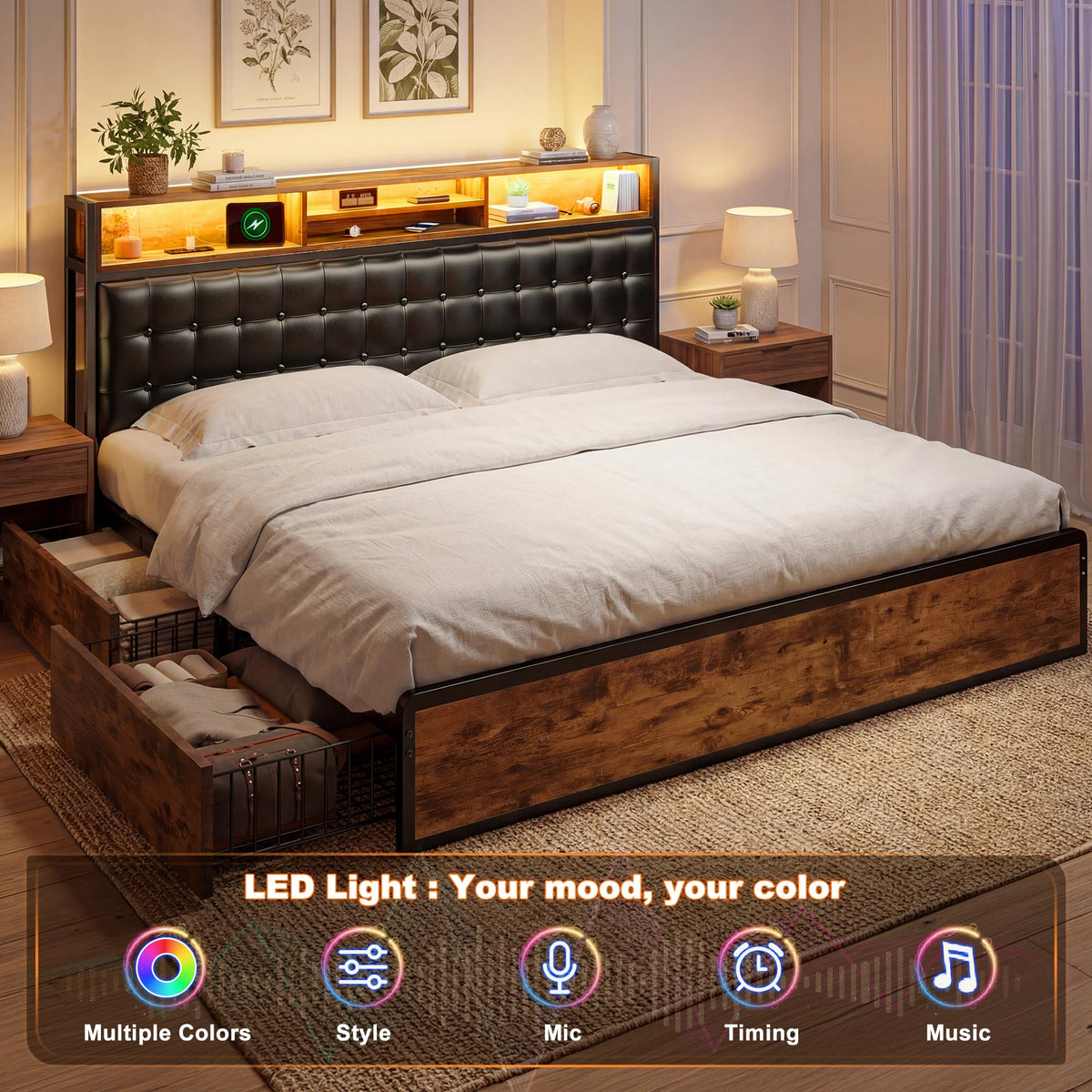 EnHomee King Bed Frame with 4 Drawers, Charge Station & LED Lights