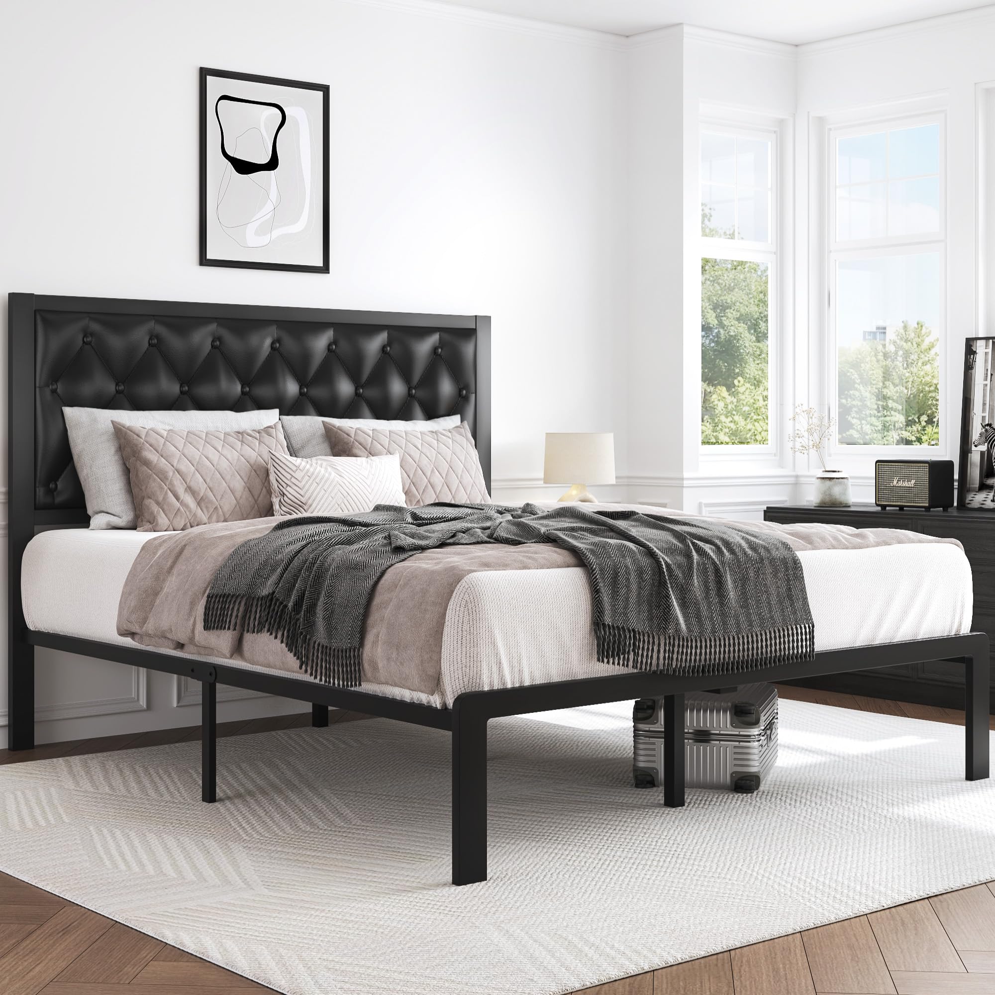 HISOFT Queen Bed Frame with Upholstered Button Tufted Headboard, Bed Frame Platform Metal Slats Support, Under Bed Storage, No Box Spring Needed, Noise-Free, Easy Assembly, Black