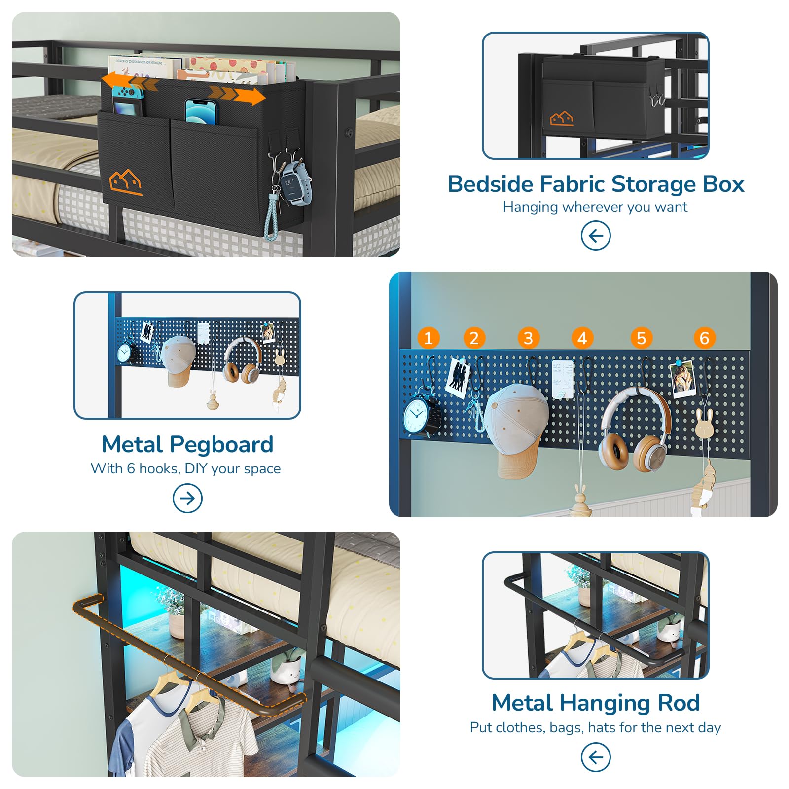 Twin Over Full Bunk Bed with Storage & LED Lights
