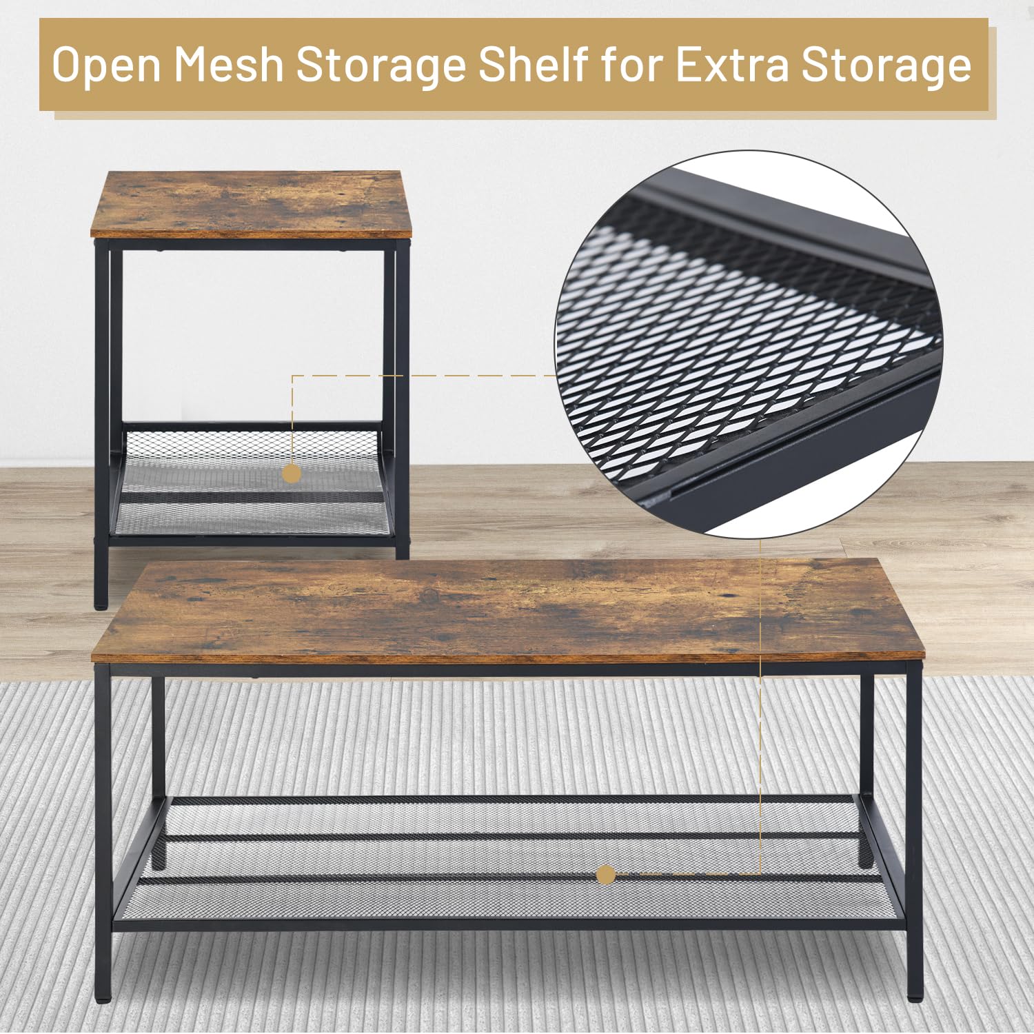 3-Piece Coffee & End Table Set with Metal Frame
