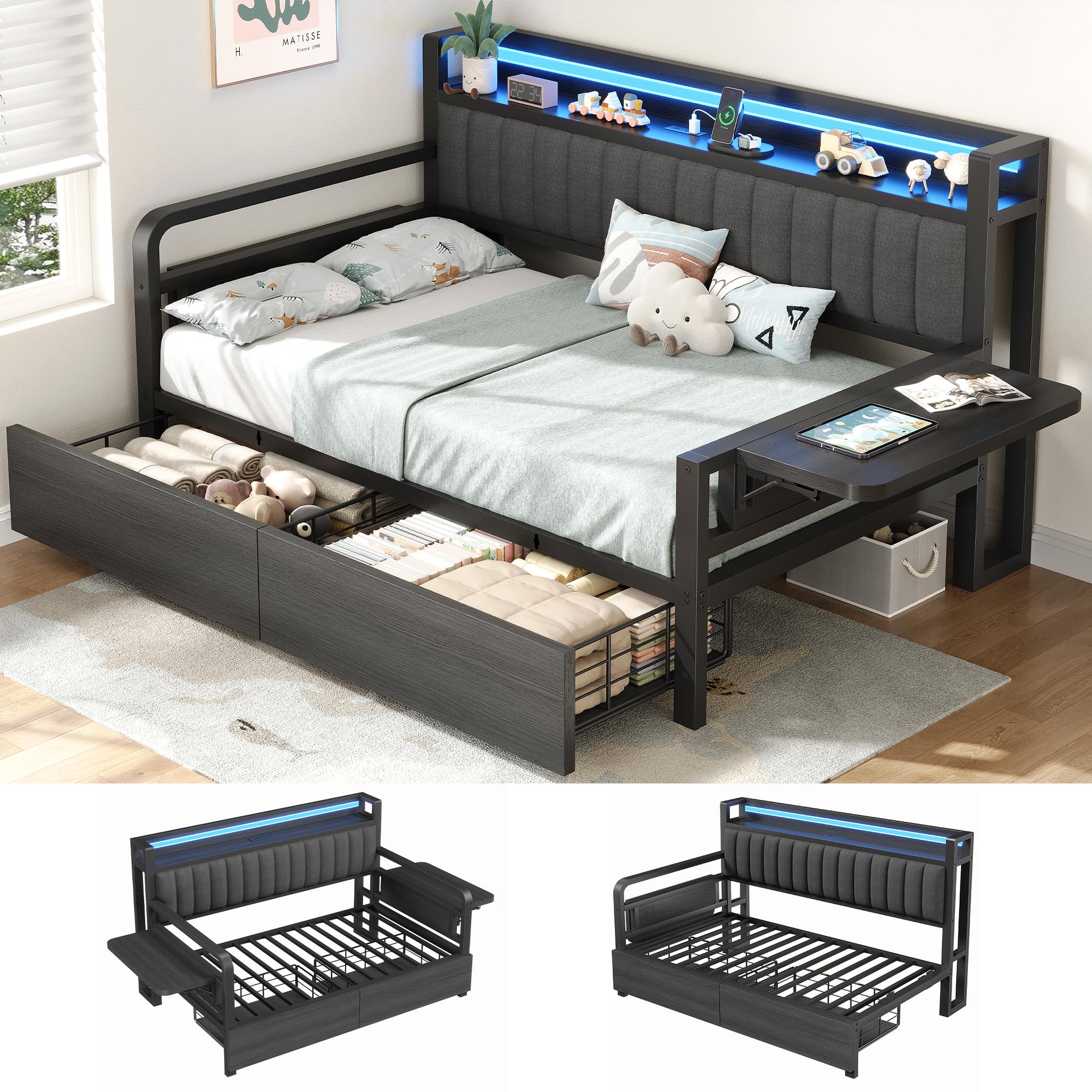 Jocoevol Twin Corner Bed Frame with Storage Drawers and LED Light, Heavy Duty Metal Daybed with Upholstered Storage Headboard & Charging Station, Twin Size Day Bed for Kids Teens Guests, Black