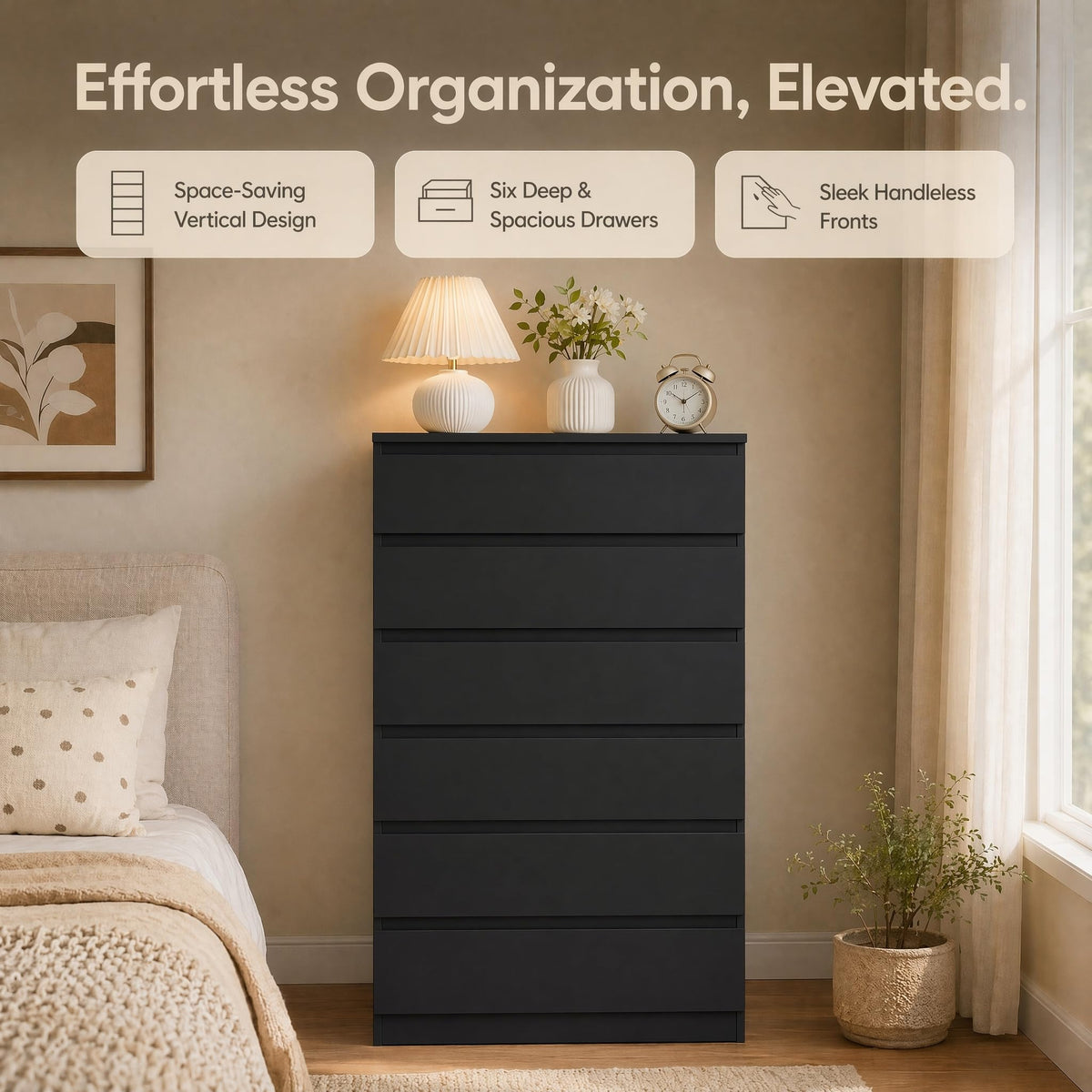 Black 6-Drawer Handleless Dresser