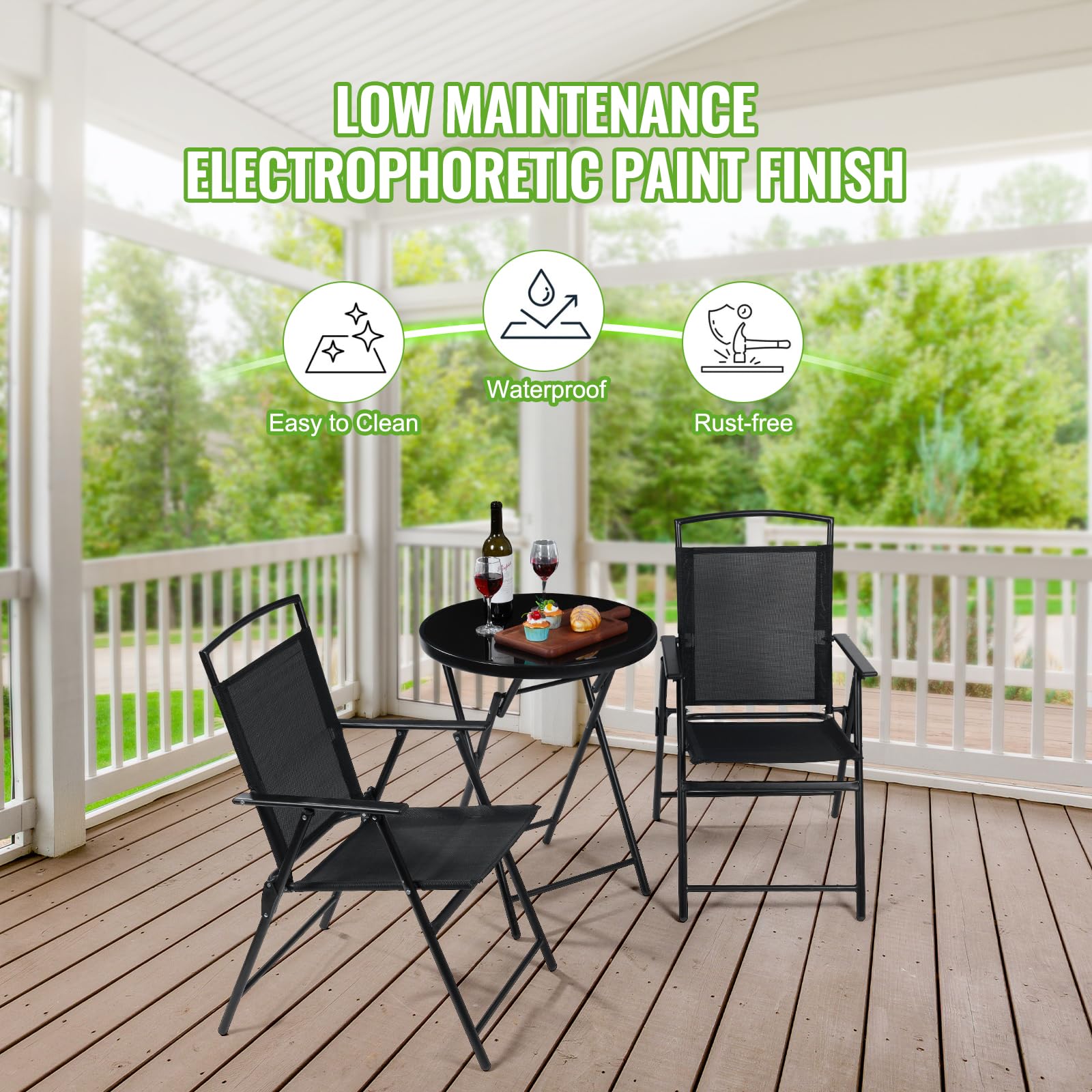 Backyard Expressions 3-Piece Folding Bistro Set – Outdoor Patio Furniture Set with 2 Mesh Chairs & Round Table – Weather-Resistant, Portable & Space-Saving Design for Balcony, Deck, Garden