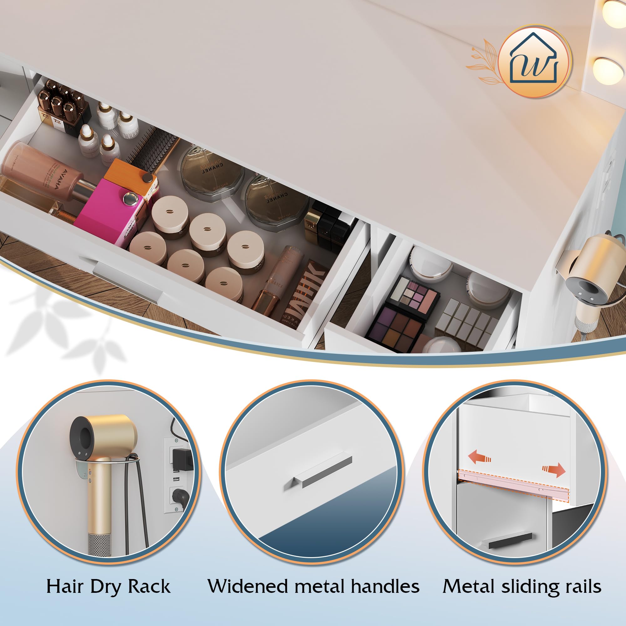 WLIVE White Vanity Desk with Chair, Adjustable Mirror and 3 Color Lights