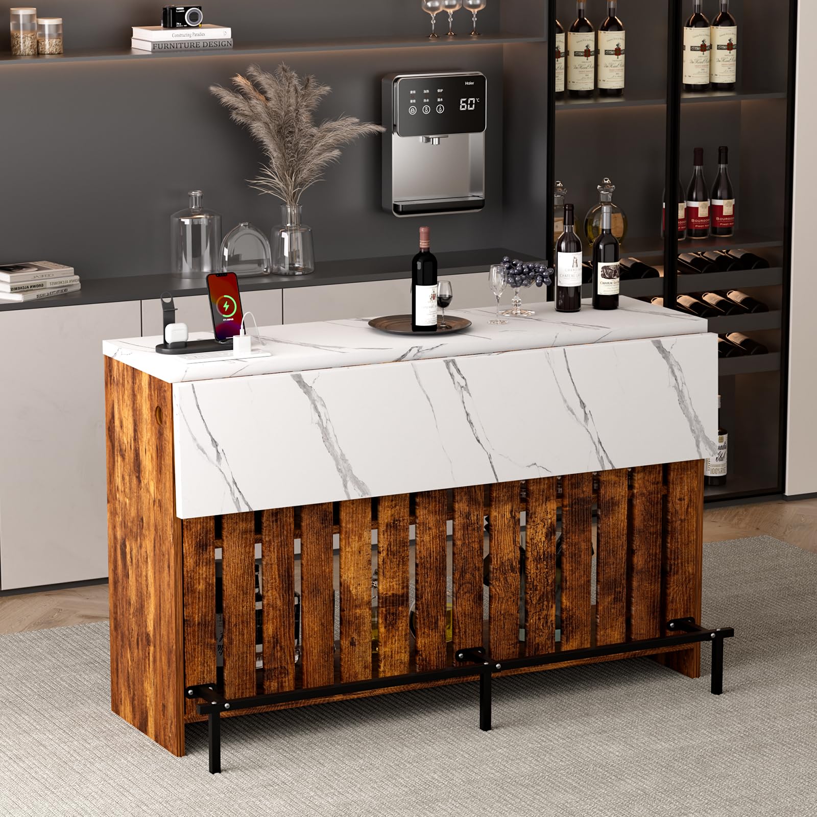 VAXZOFI Home Bar Unit with LED Lights and Charging Station, Imitation Marble Mini Coffee Bar Pub Table with 2-Tier Storage, Footrest, Drop Leaf Kitchen Islands for Dining Room, Bistro, Living Room