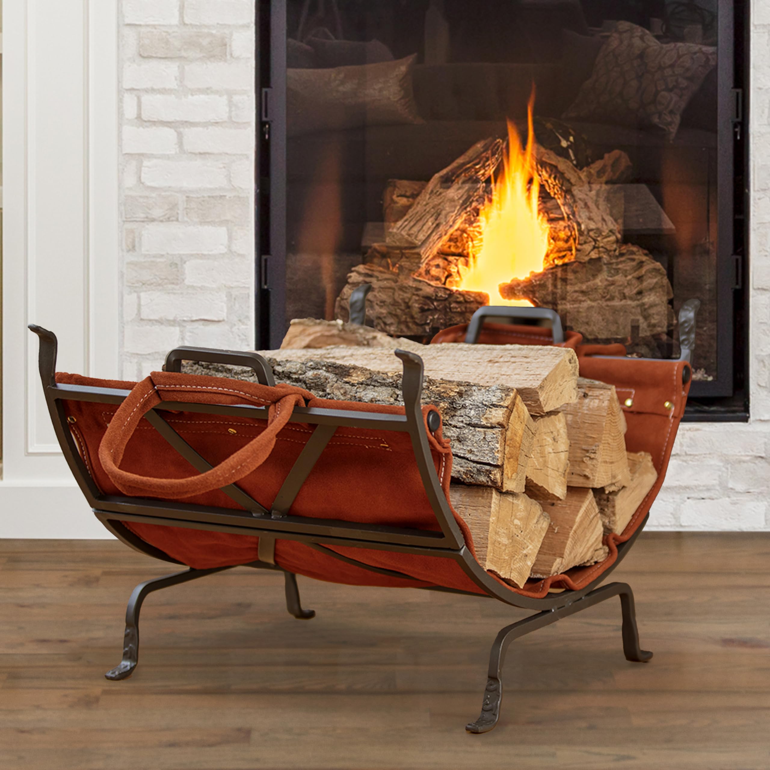 Steel Log Holder with Leather Carrier