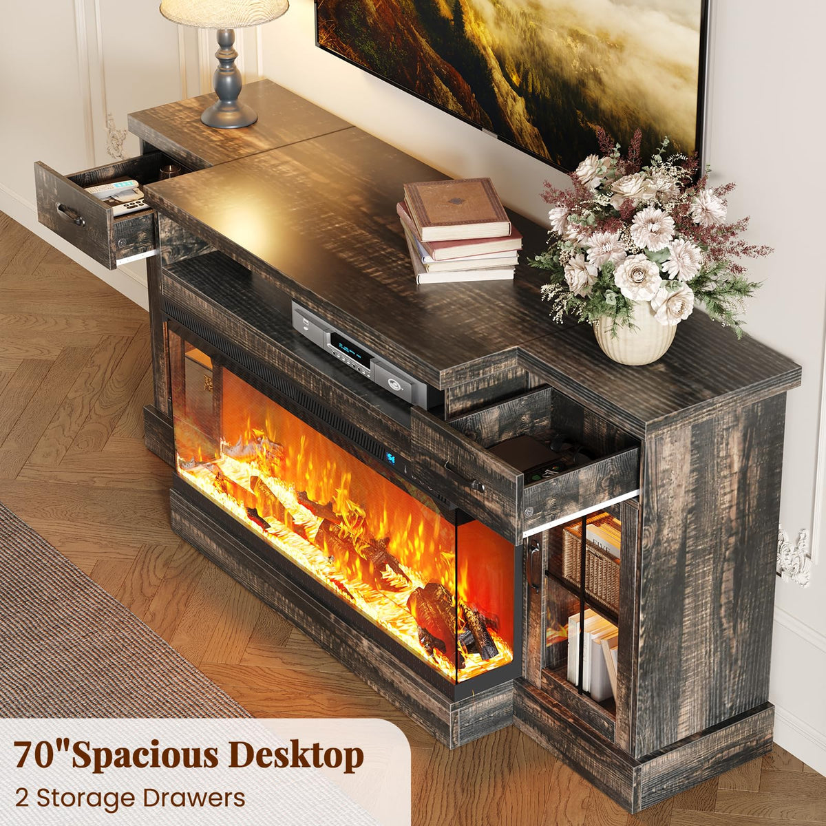 Rustic Oak Fireplace TV Stand