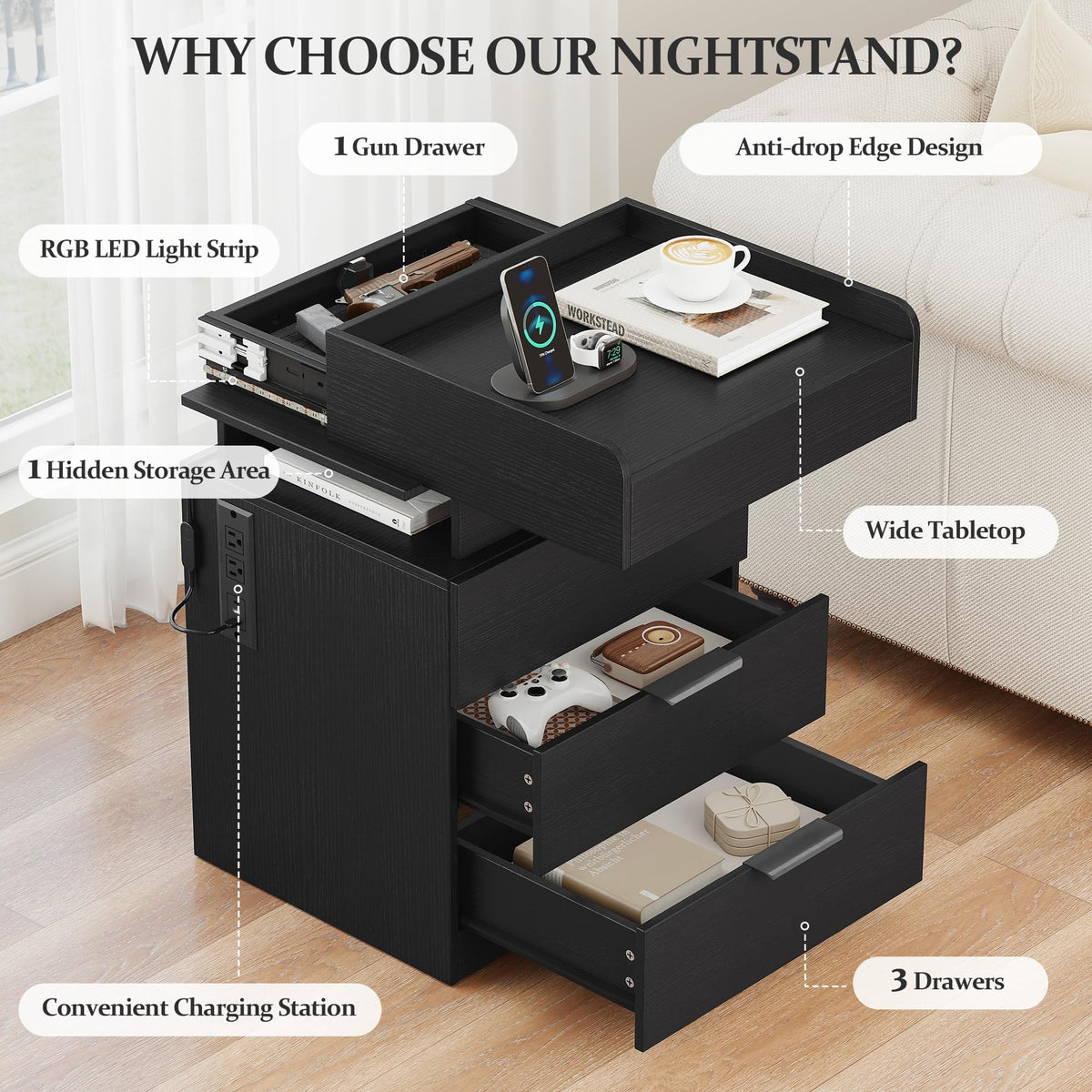 LED Nightstand with Charging Station