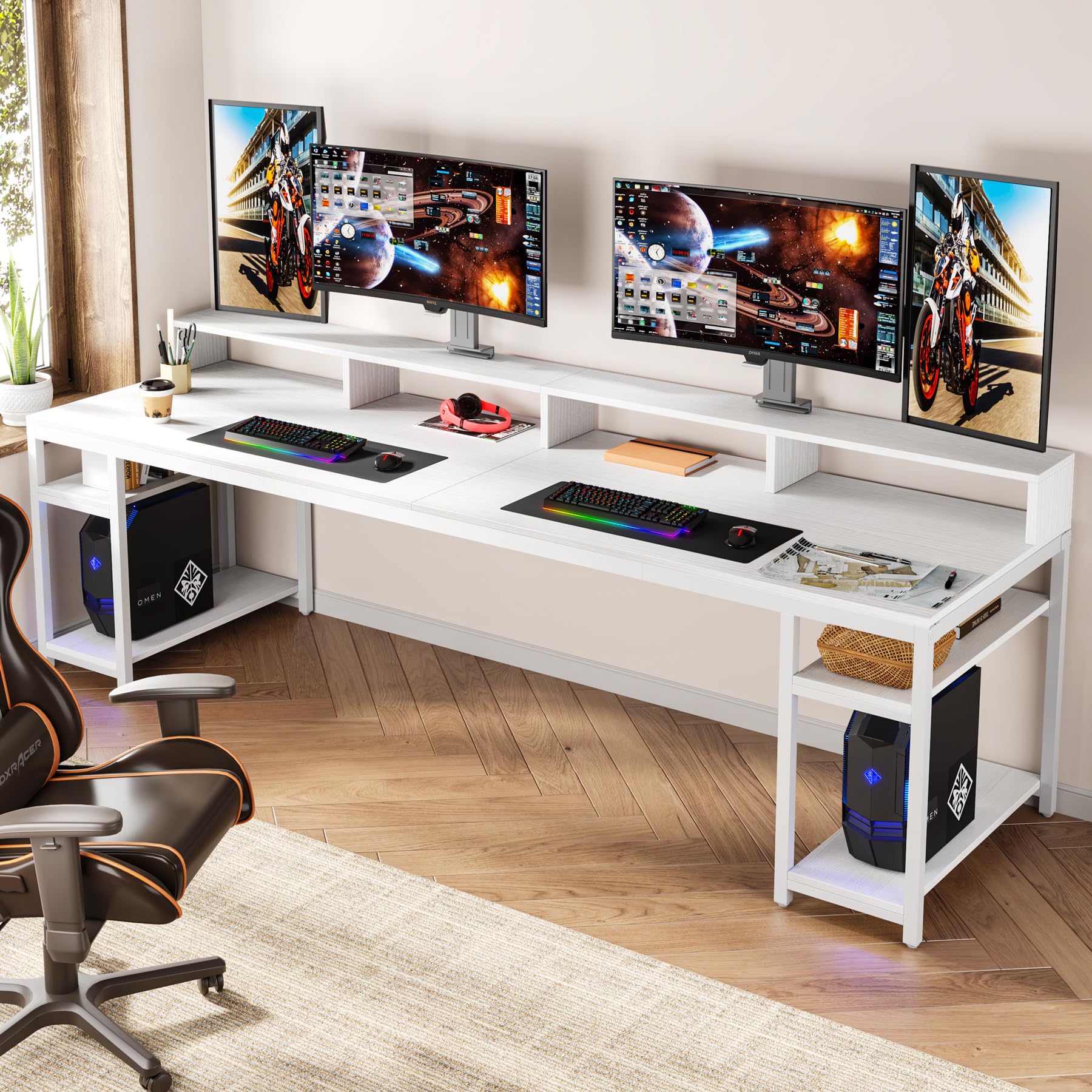 78.74" Double Desk with Monitor Stand & Storage Shelves