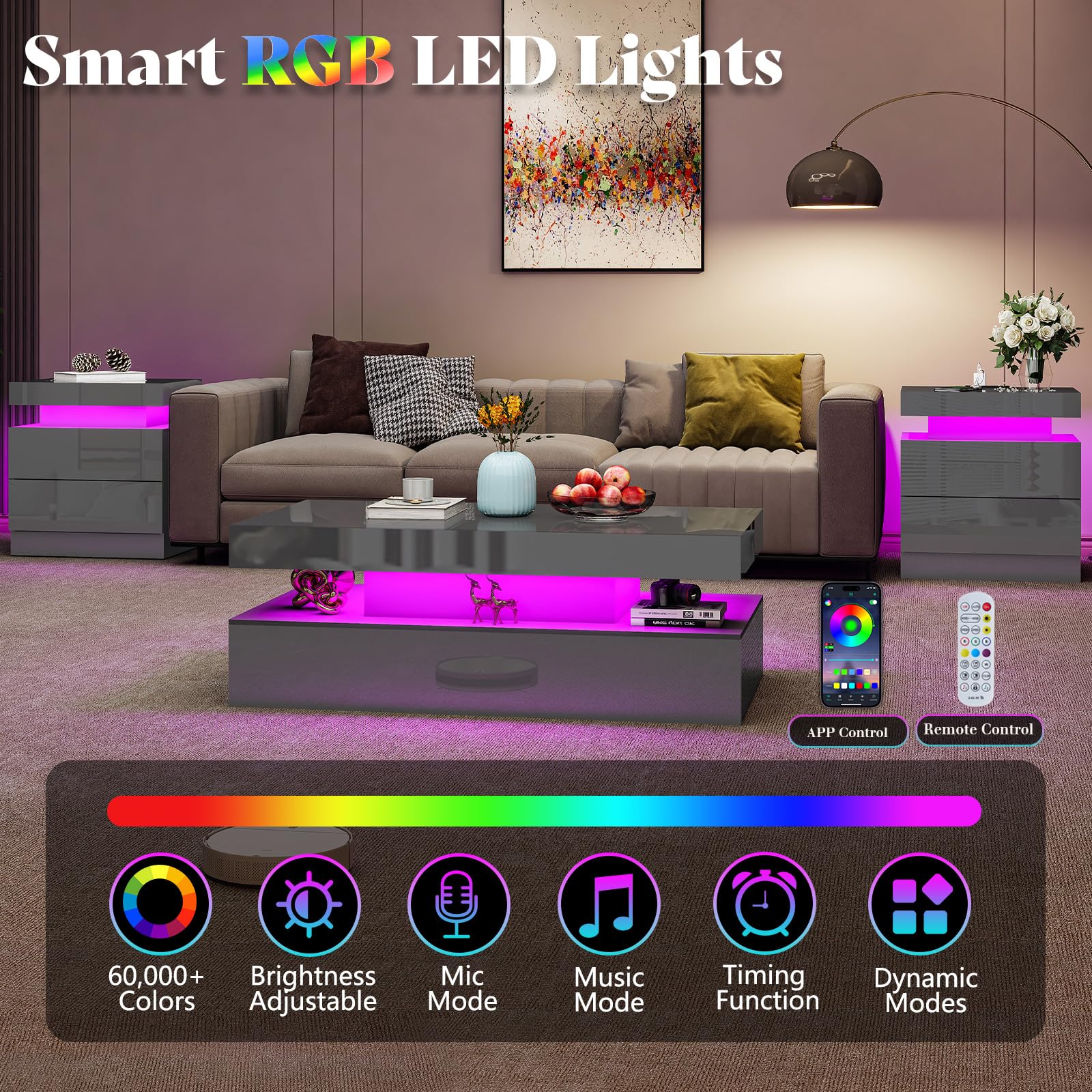 AMERLIFE High Gloss 2-Tier LED Coffee Table, 40" Modern Center Table with LED Lights, Open Storage Space, Minimalism Rectangular Sofa Side Table for Living Room, Gray
