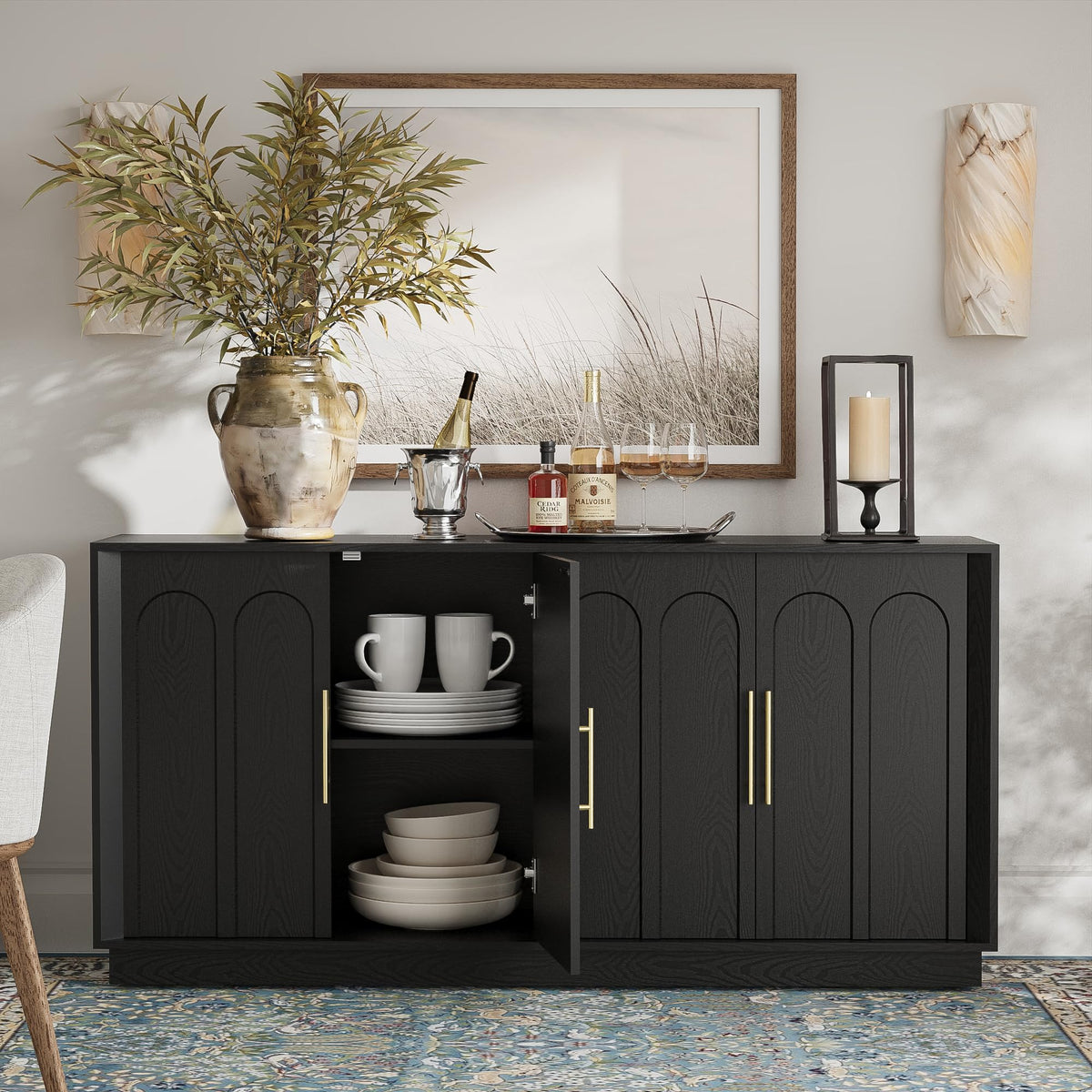 FORTUNETEC 67" Sideboard Buffet Cabinet with Storage, Arched Doors, Black