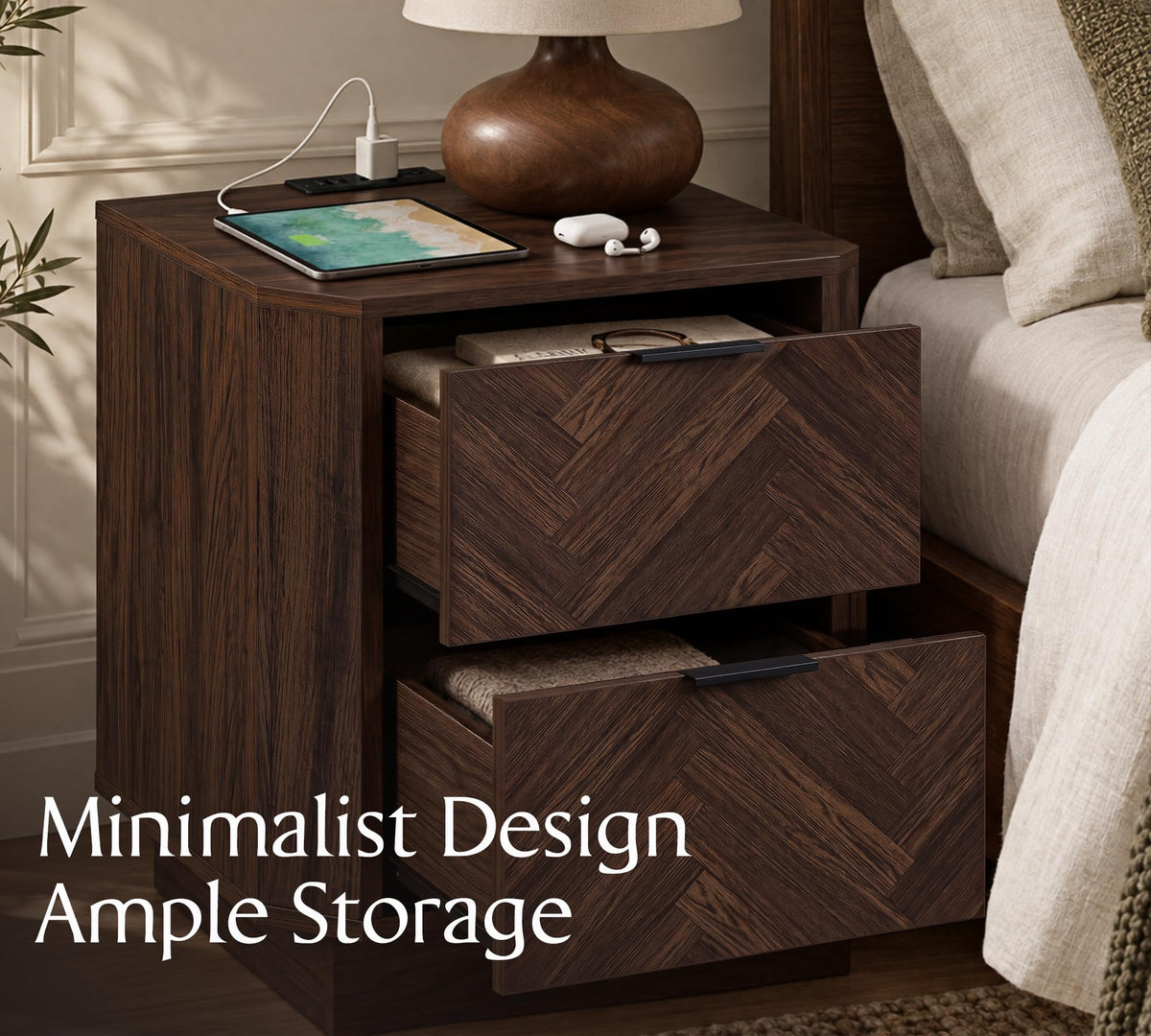 AKESONG 21.7" Nightstands with Charging Station, Herringbone Design, Walnut