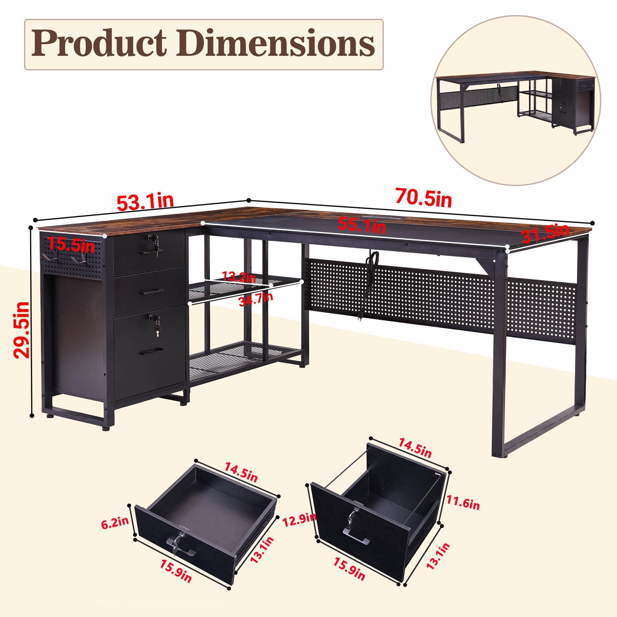 70 Inch Reversible L Shaped Desk with Drawers,Executive Desk with Power Outlet, Lockable File Drawer and Storage Shelves,L Shaped Office Desk with Pegboard,Large Corner Desk for Home Office (70.5")