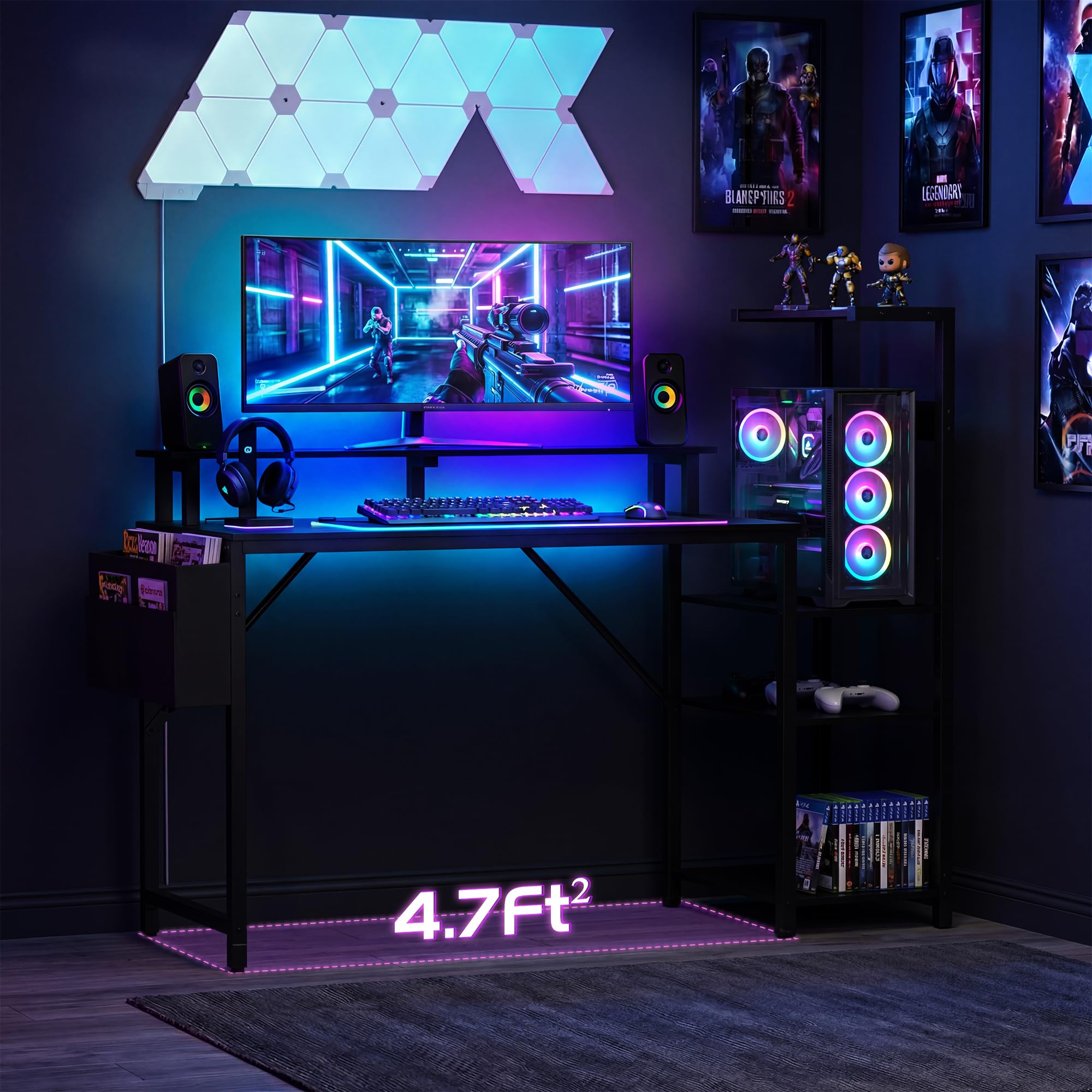 Gaming Desk with Monitor Stand & Storage Shelves
