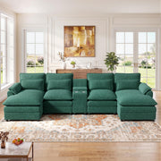 134" U Shaped Modular Sectional Sofa, Oversized Cloud Couch with Double Chaise Lounge, Storage Console, Cup Holders & USB Port, Comfy Chenille Deep Seat Couch Set for Living Room, Green
