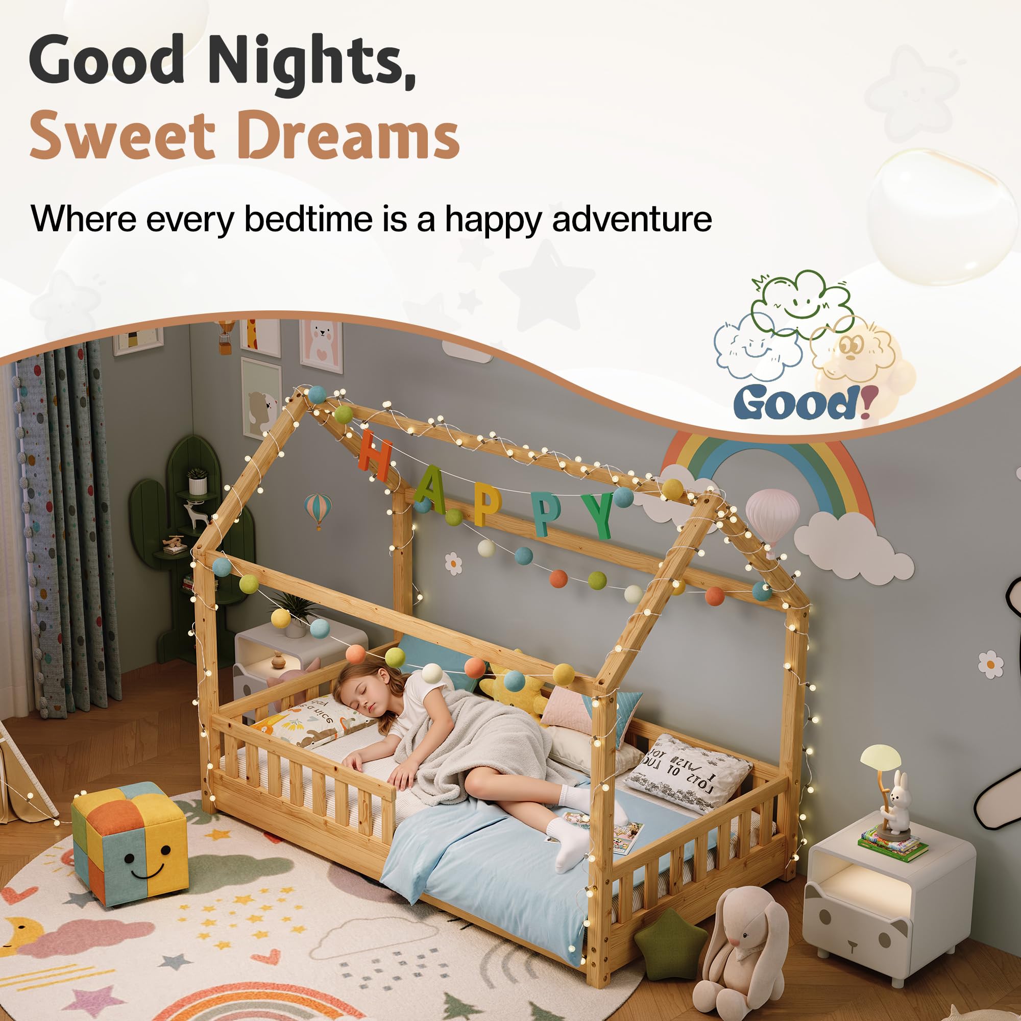 Jocisland Twin Size House Bed for Kids, Montessori 100% Wooden Floor Bed Frame with Guardrails, Removable Rails, Playhouse Roof, Easy Assembly, Toddler Floor Bed for Boys & Girls, Natural Wood