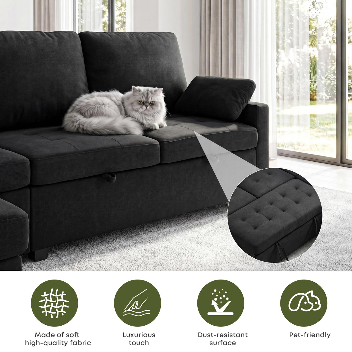 Huatean Home 82" Pull Out Couch with Storage, Sleeper Sofa, 5 Seat L Shaped Sectional Couches for Living Room, Modular Sectional Couch with Removable Covers, Black