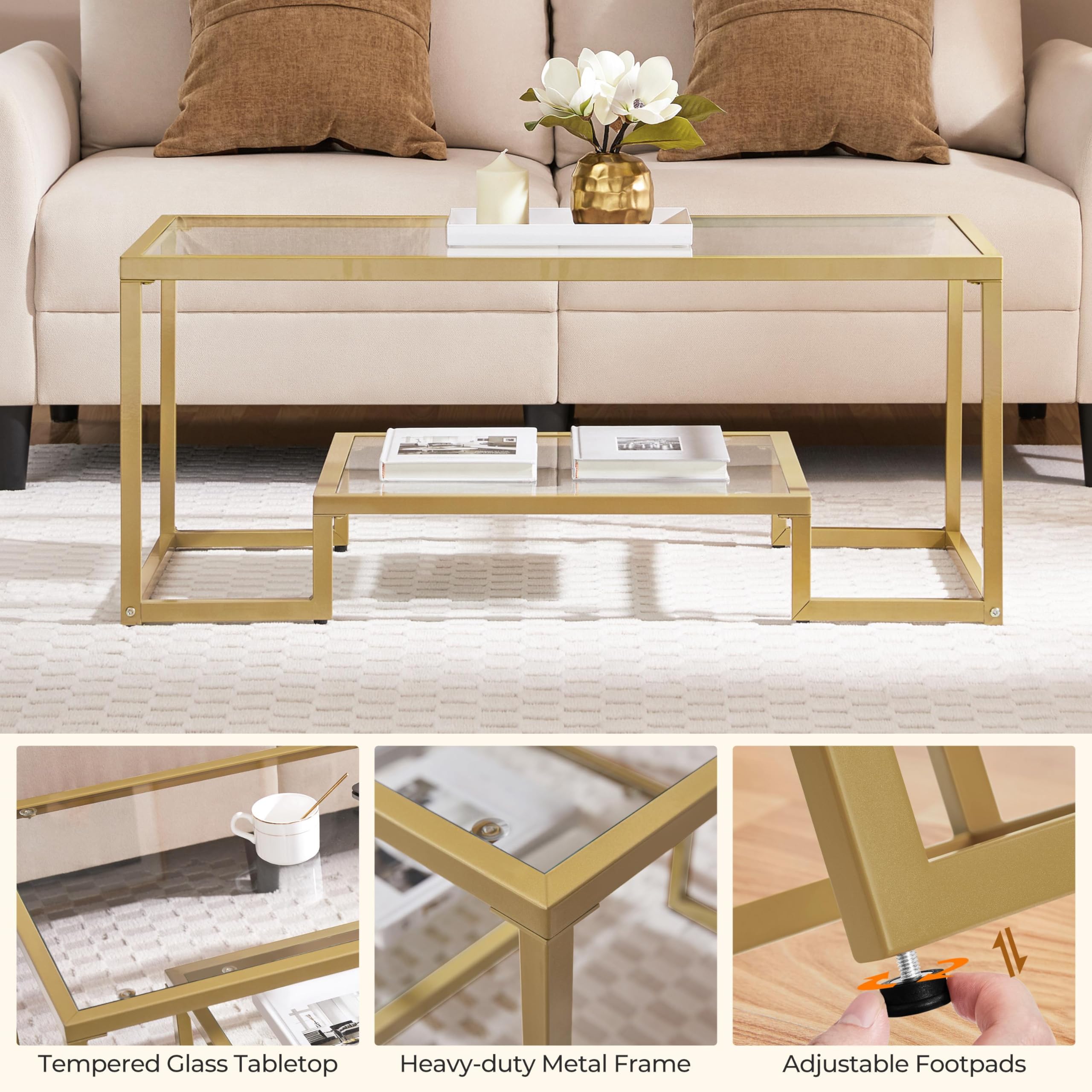 2-Tier Rectangular Glass Coffee Table with Metal Frame