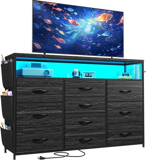 10-Drawer Dresser & TV Stand with LED Lights & Power Outlets