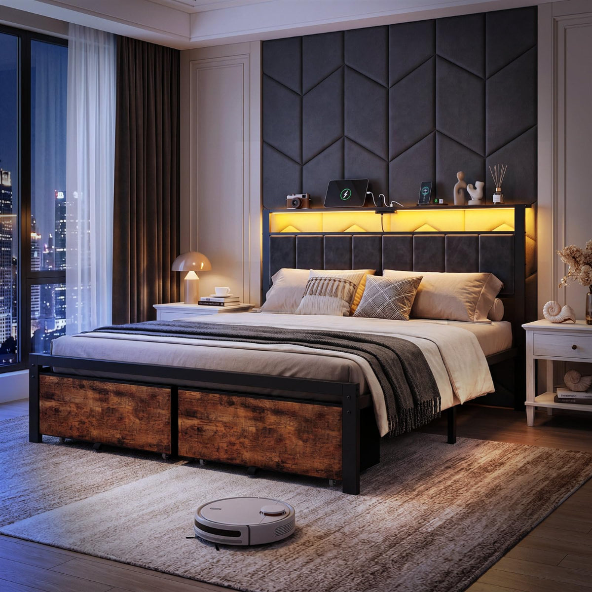 Queen Storage Bed with LED Headboard