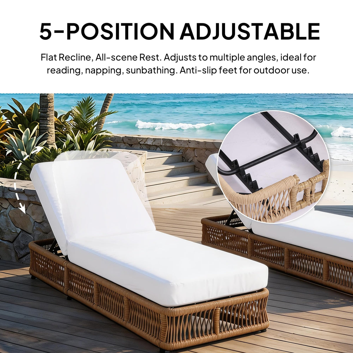 Outdoor Chaise Lounge Chair Set of 2, 5-Position Adjustable Backrest, All-Weather Brown Woven Rope Recliner with 5 Inch Beige Cushion, Water-resistant Patio Lounge Chair for Poolside, Beach, Backyard
