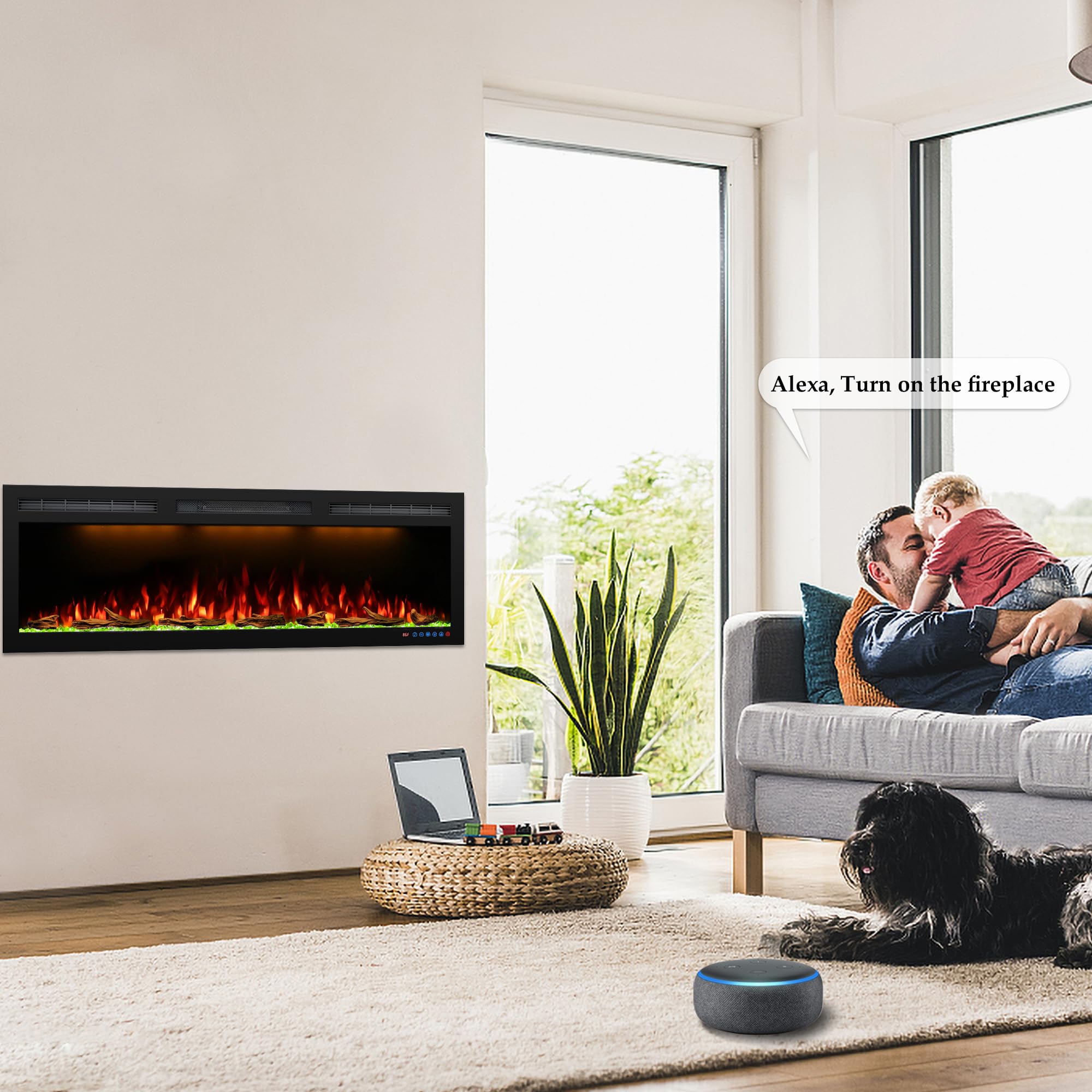 72 inch Electric Fireplace Heater, Smart Control via Alexa& App, Recessed and Wall Mounted Fireplace Insert with Multicolor Realistic Flame Effects,Crackling Sound and Logs& Crystal,5100Btus, Black