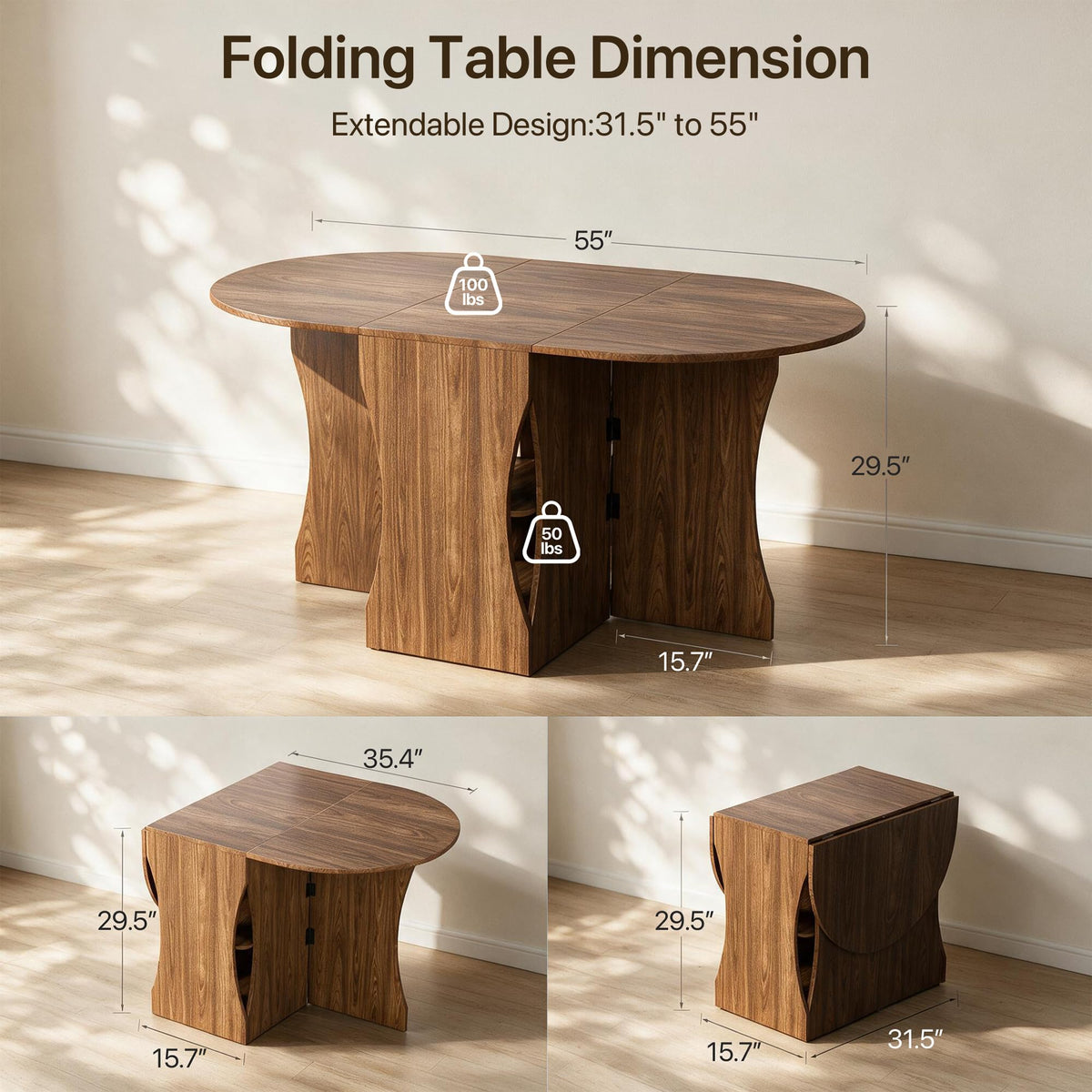 Seang 31.5"–55" Extendable Dining Table for 4-6, Kitchen Table, Walnut
