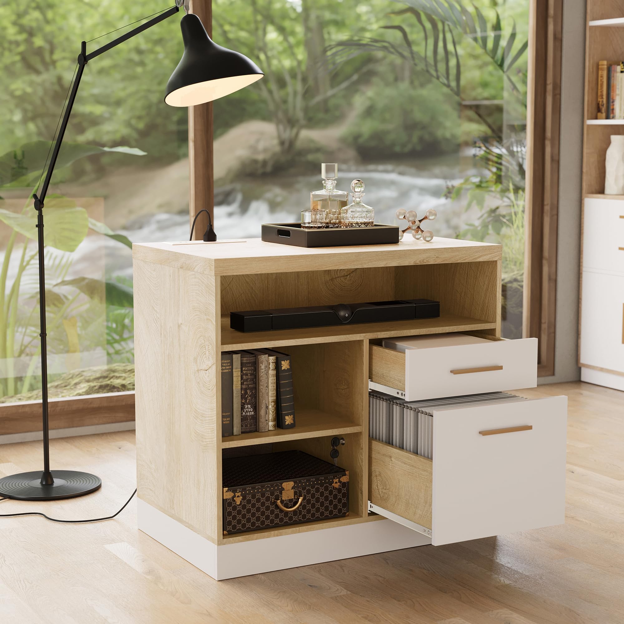 2-Drawer Wood File Cabinet with Lock & Power Outlets