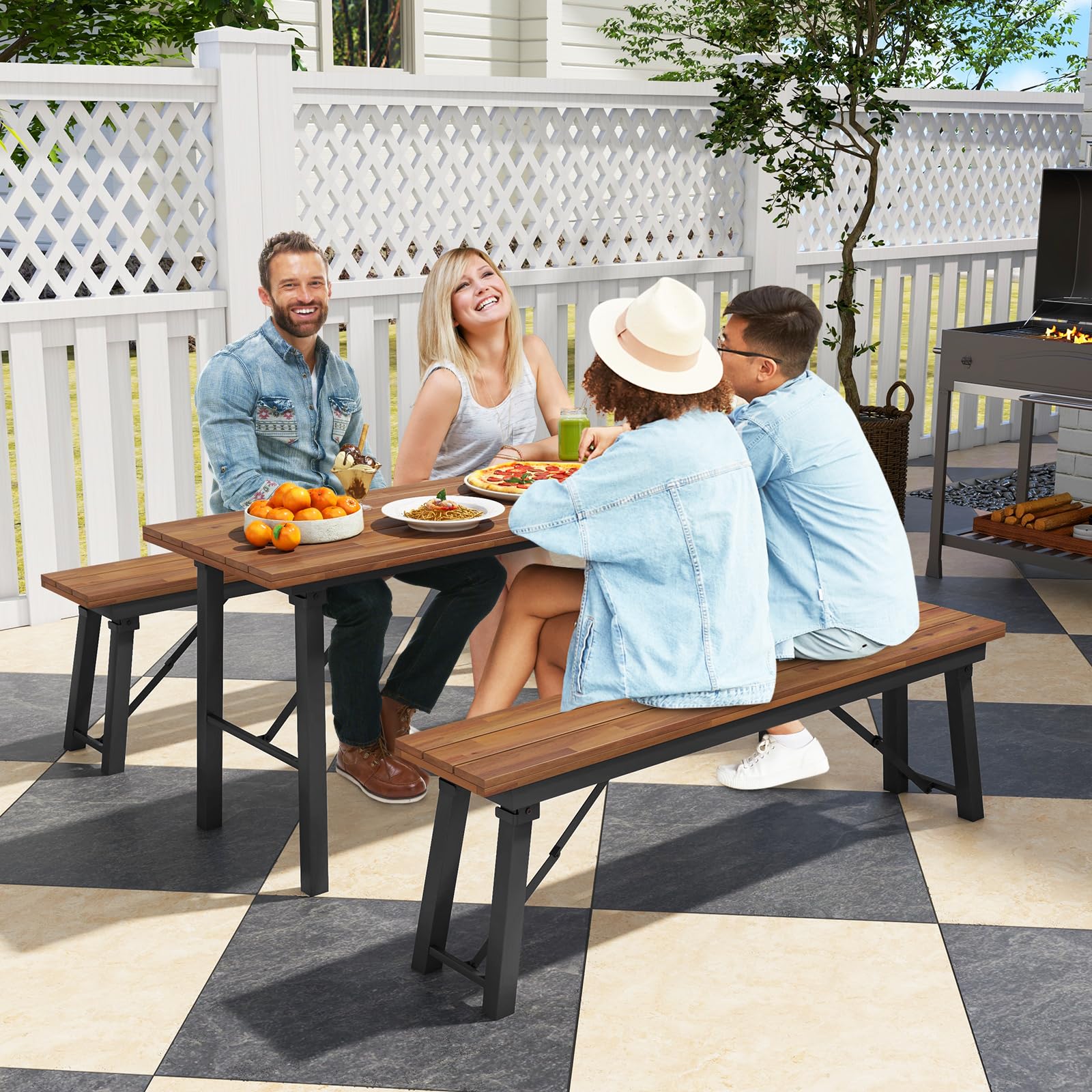 Folding Acacia Wood Outdoor Bench, Set of 2