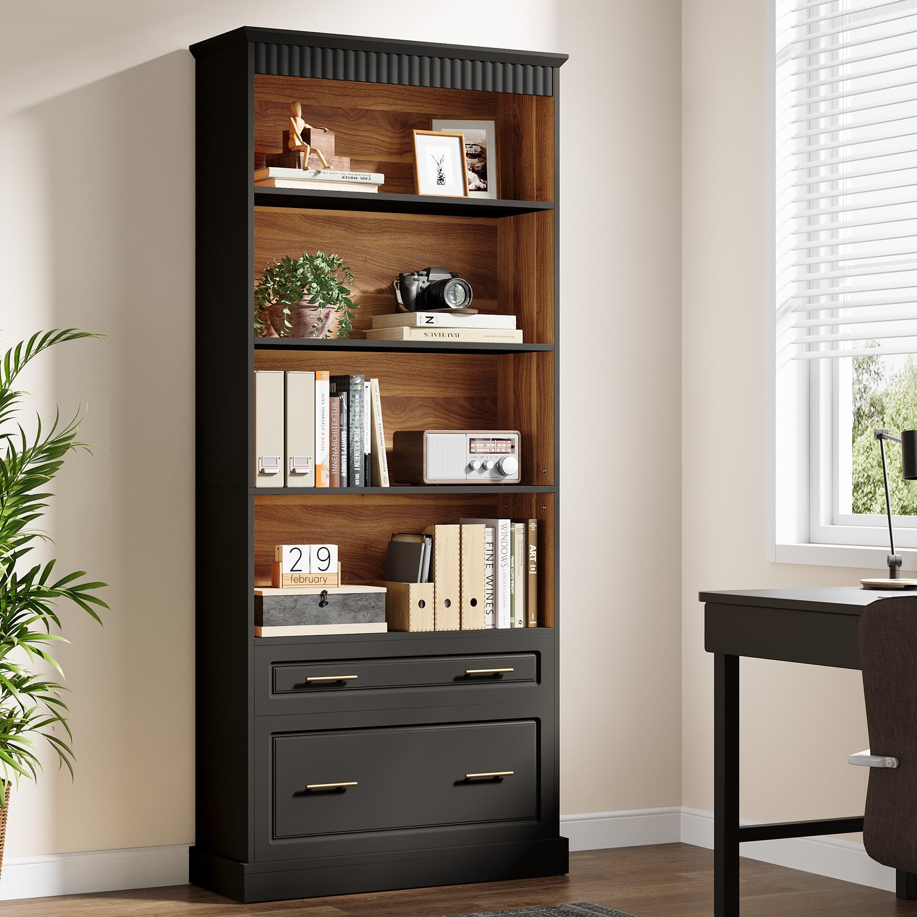 2-Drawer File Cabinet with 5-Tier Bookshelf & Printer Stand