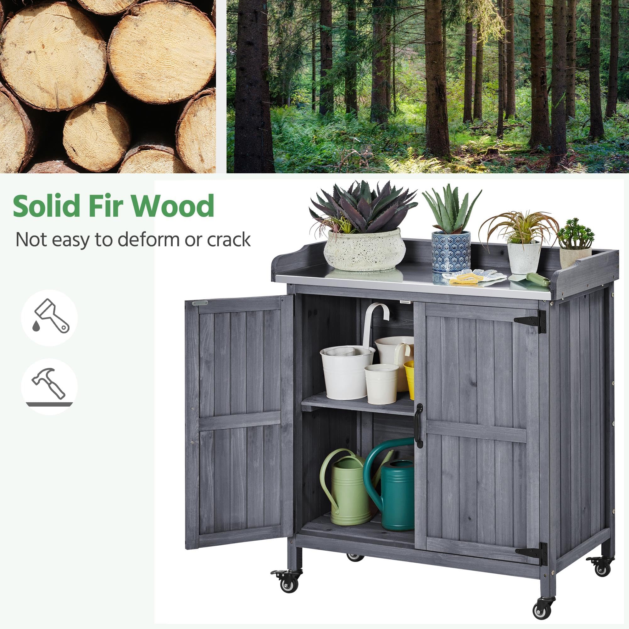 Rolling Garden Potting Bench with Metal Top & Storage