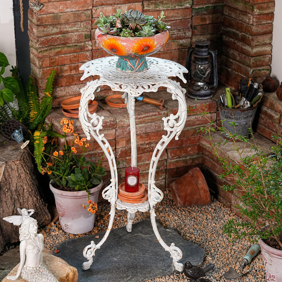 Sungmor Cast Iron Plant Stand, Victorian Fern, Rustic White, Outdoor Indoor