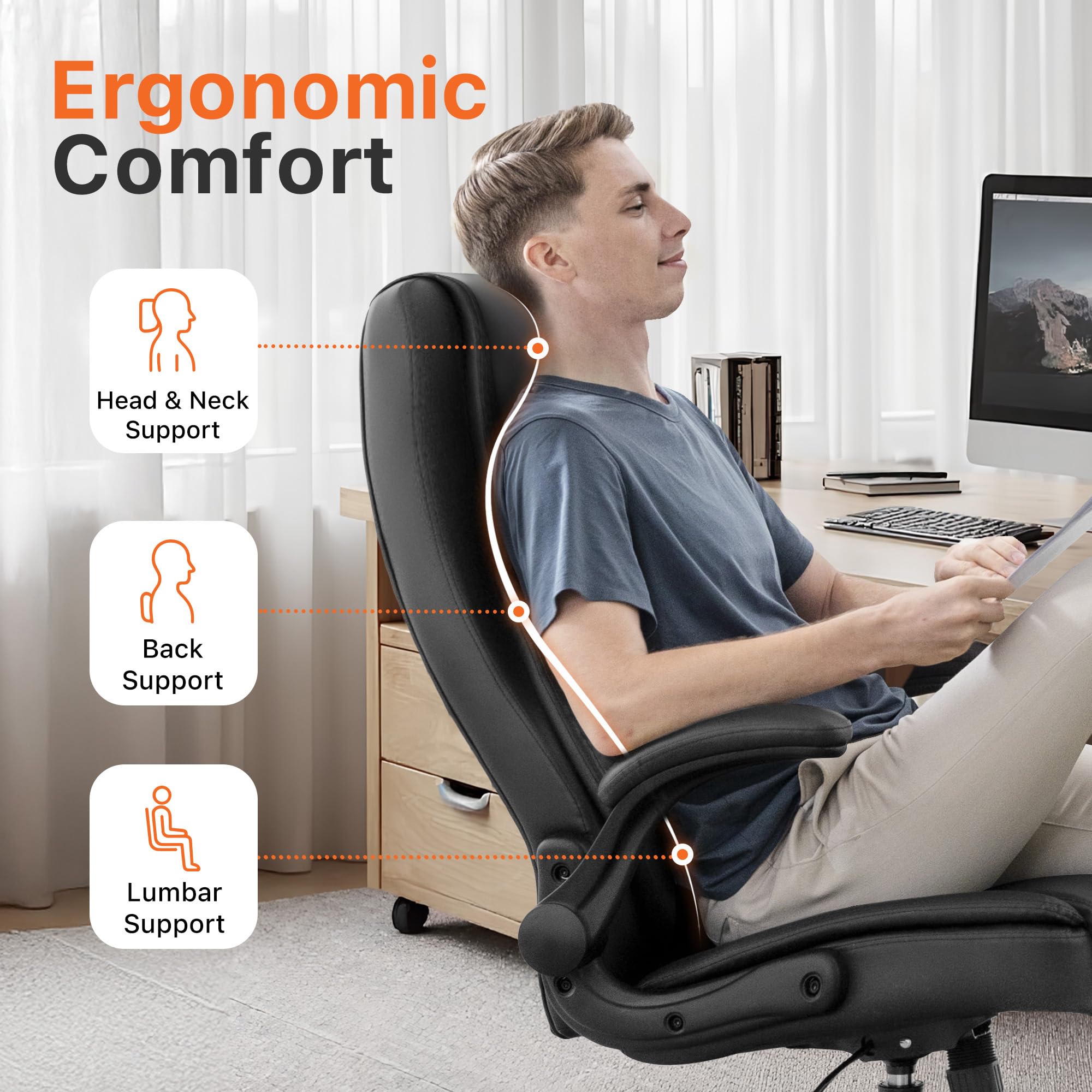 High Back Ergonomic Office Chair with Flip-Up Arms