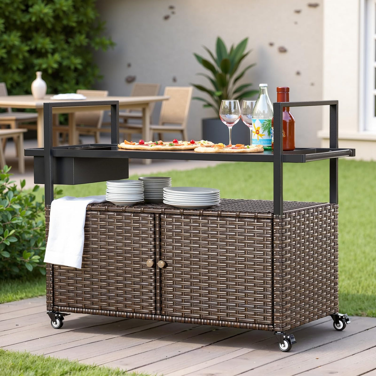 Belord Wicker Outdoor Bar Cart with Storage Cabinet and Four Rolling Wheels Patio Bar Table, Outdoor Buffet Cabinet Movable with Removable Side Basket for Deck Poolside Backyard Brown