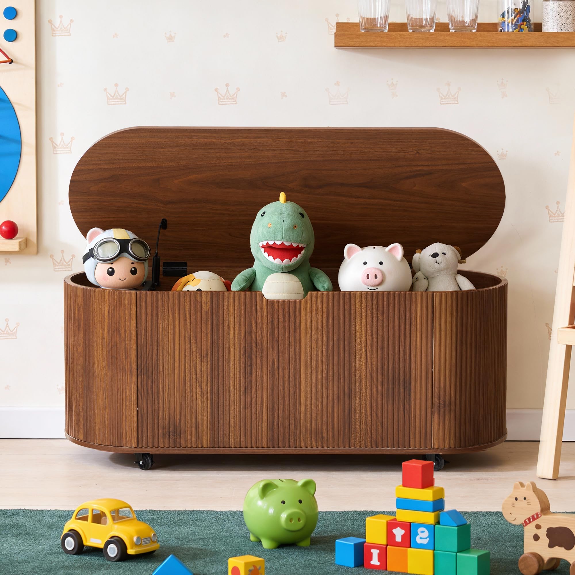 43.3” Storage Bench with 4 Wheels, Fluted Oval Storage Chest with Safety Hinges, Modern Wooden End of Bed Bench, Large Storage Trunk Toy Chest with Lift Top for Entryway Bedroom Living Room, Walnut