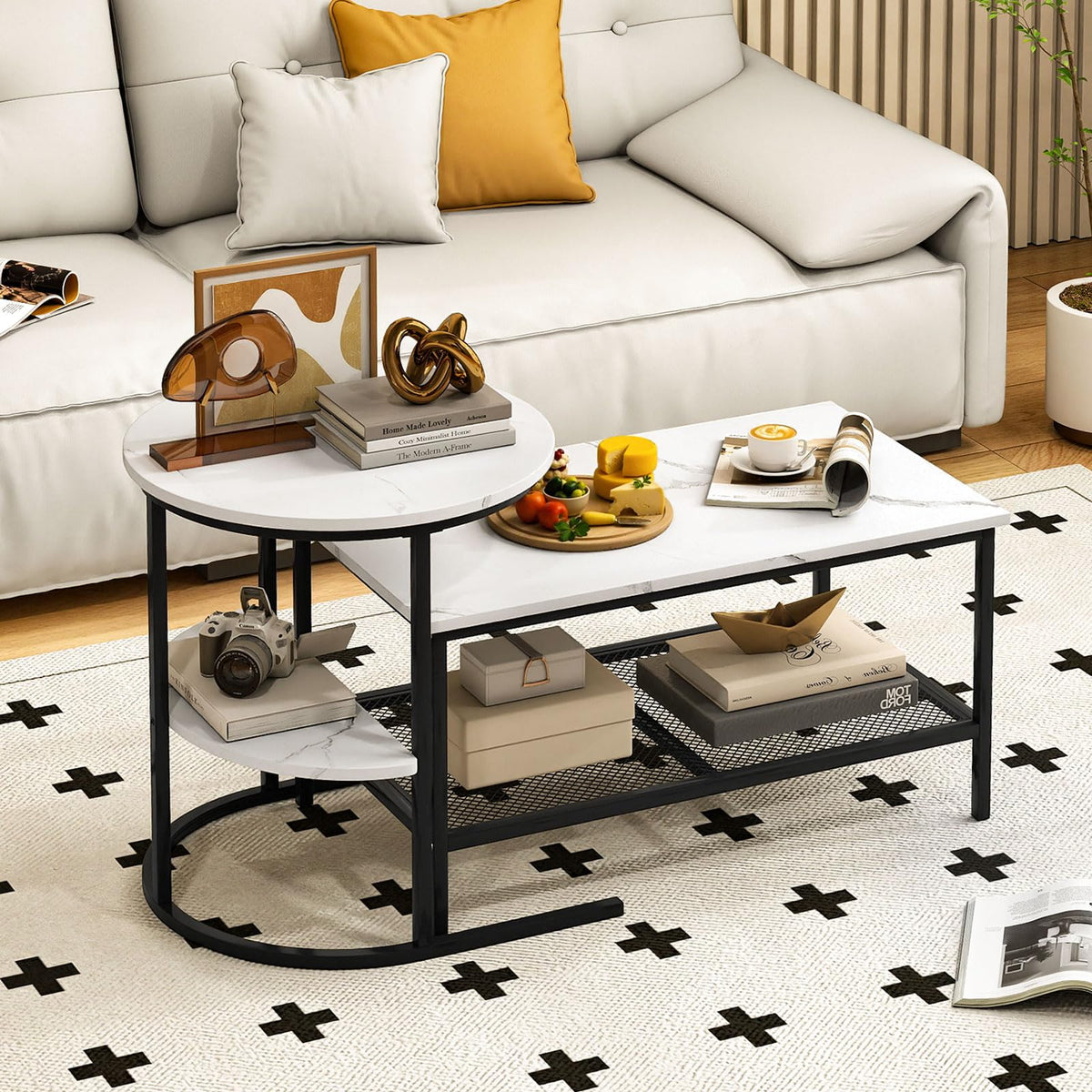 GOFLAME Nesting Coffee Table Set of 2, 2 PCS Nesting Tables with Faux Marble Top and Extra Storage Shelf, Modern Round End Table & Rectangular Coffee Tables for Living Room, Bedroom, Black+White