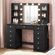 Black Vanity Desk with Mirror and Lights, 11 Drawers, 43.3", Power Strip