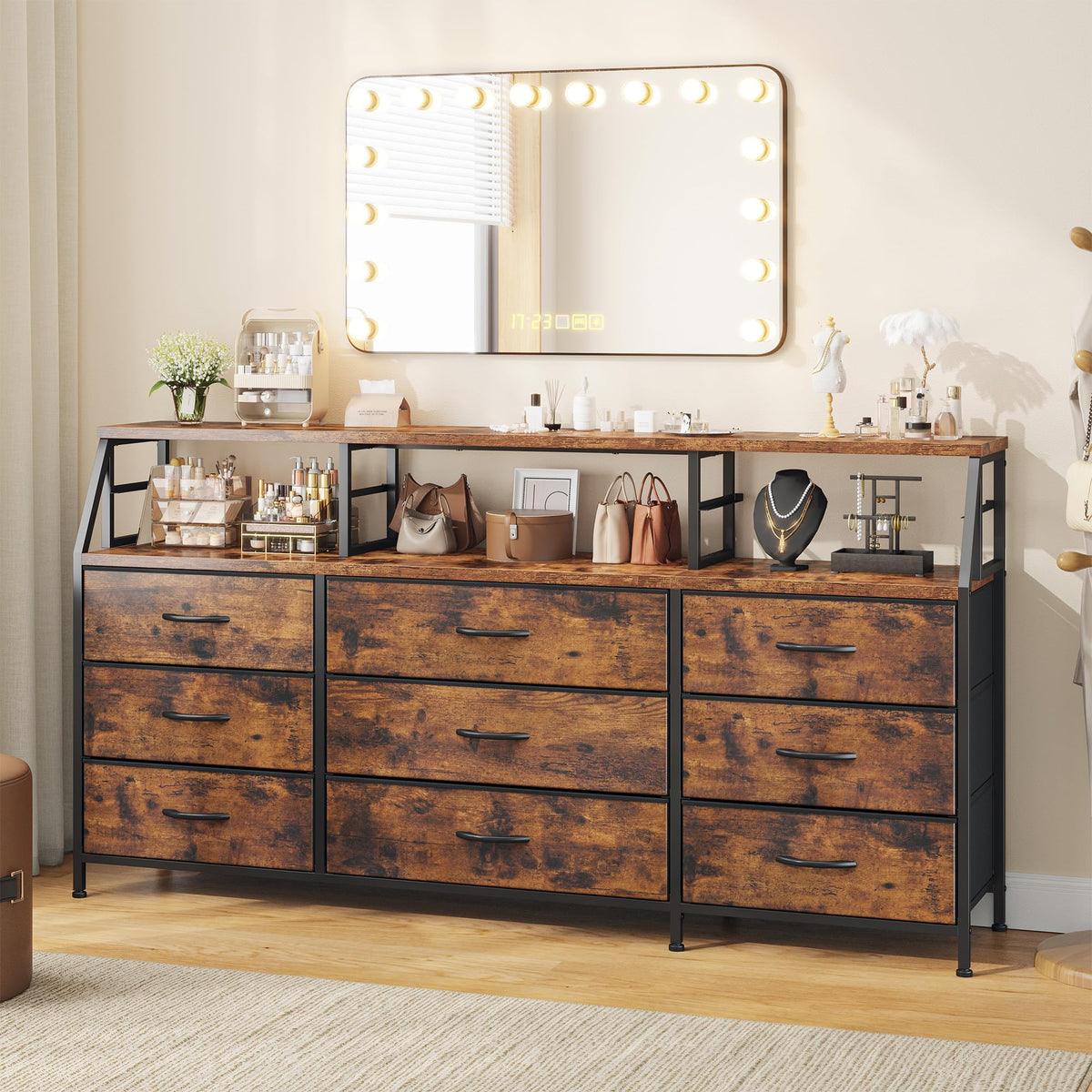 9-Drawer Fabric Dresser with Display Shelf