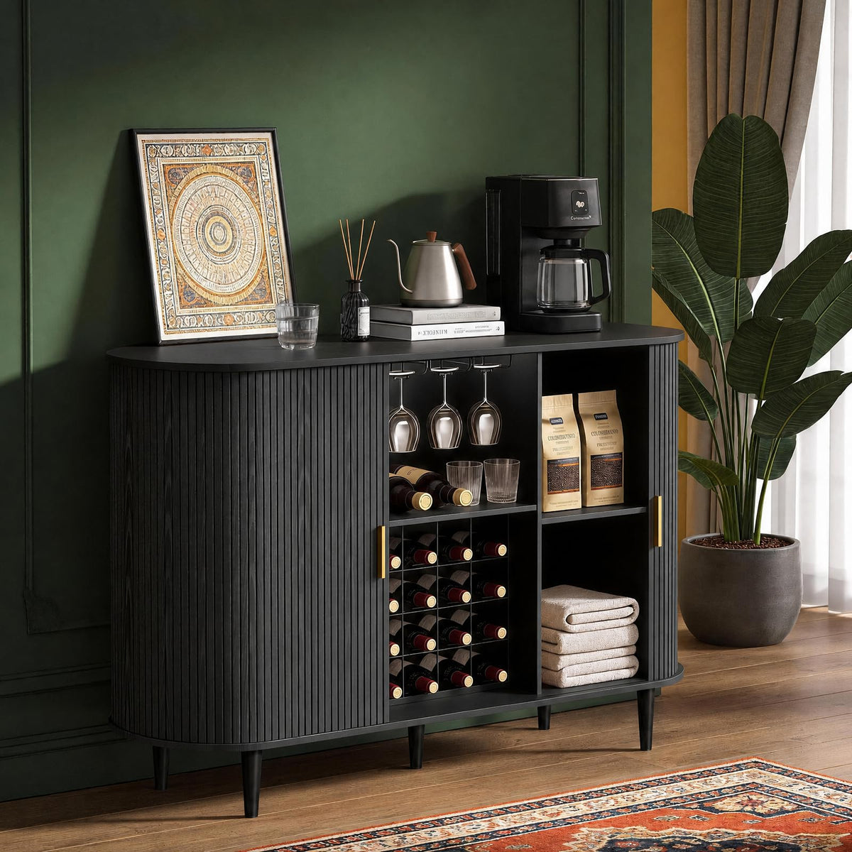 Black Fluted Wine Cabinet with LED Lights