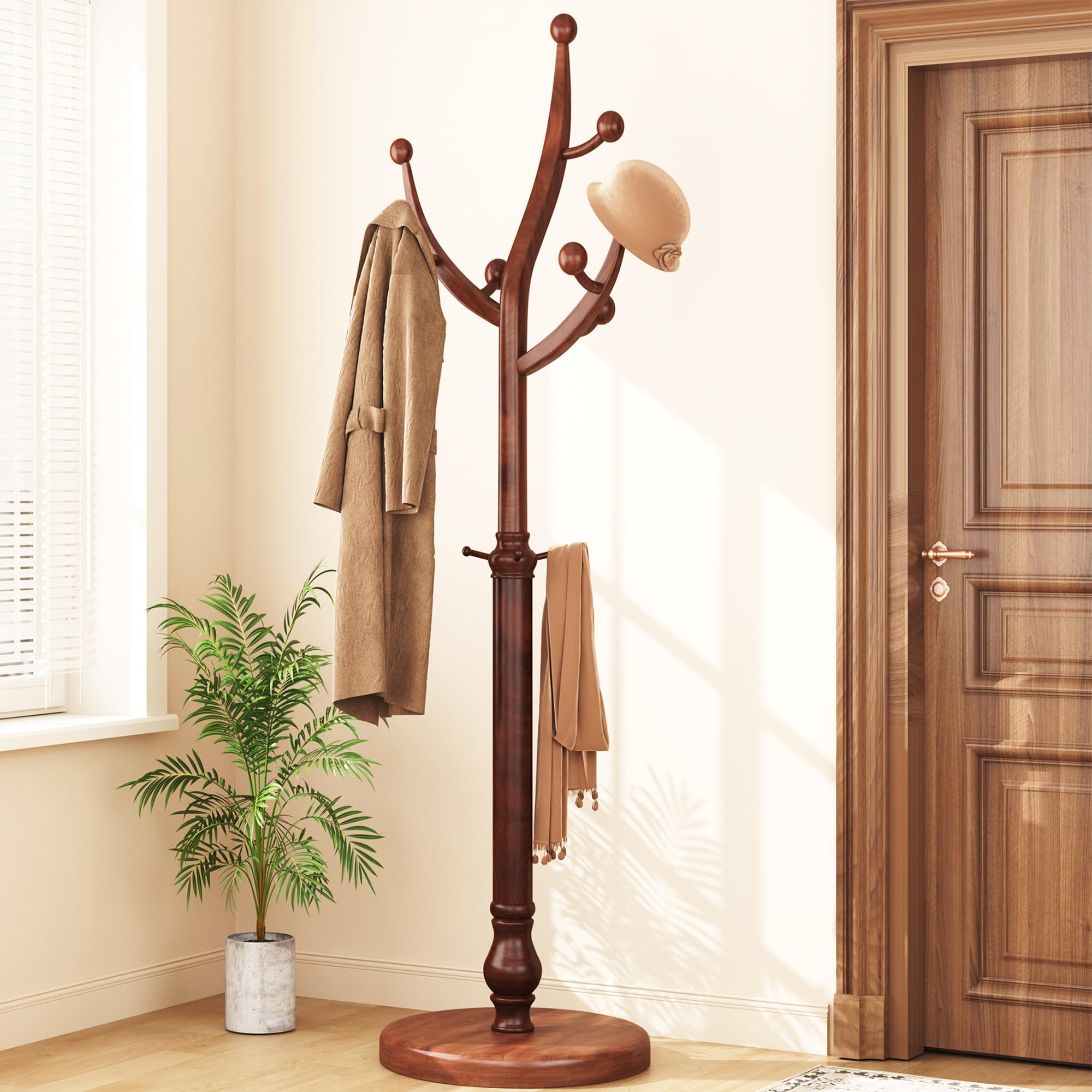 Freestanding Wooden Coat Rack with 11 Hooks