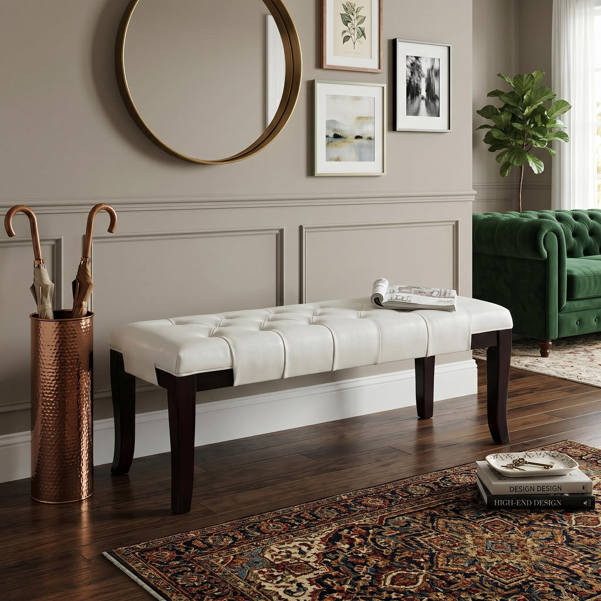 Roundhill Furniture Linon Faux Leather Tufted Bench, White