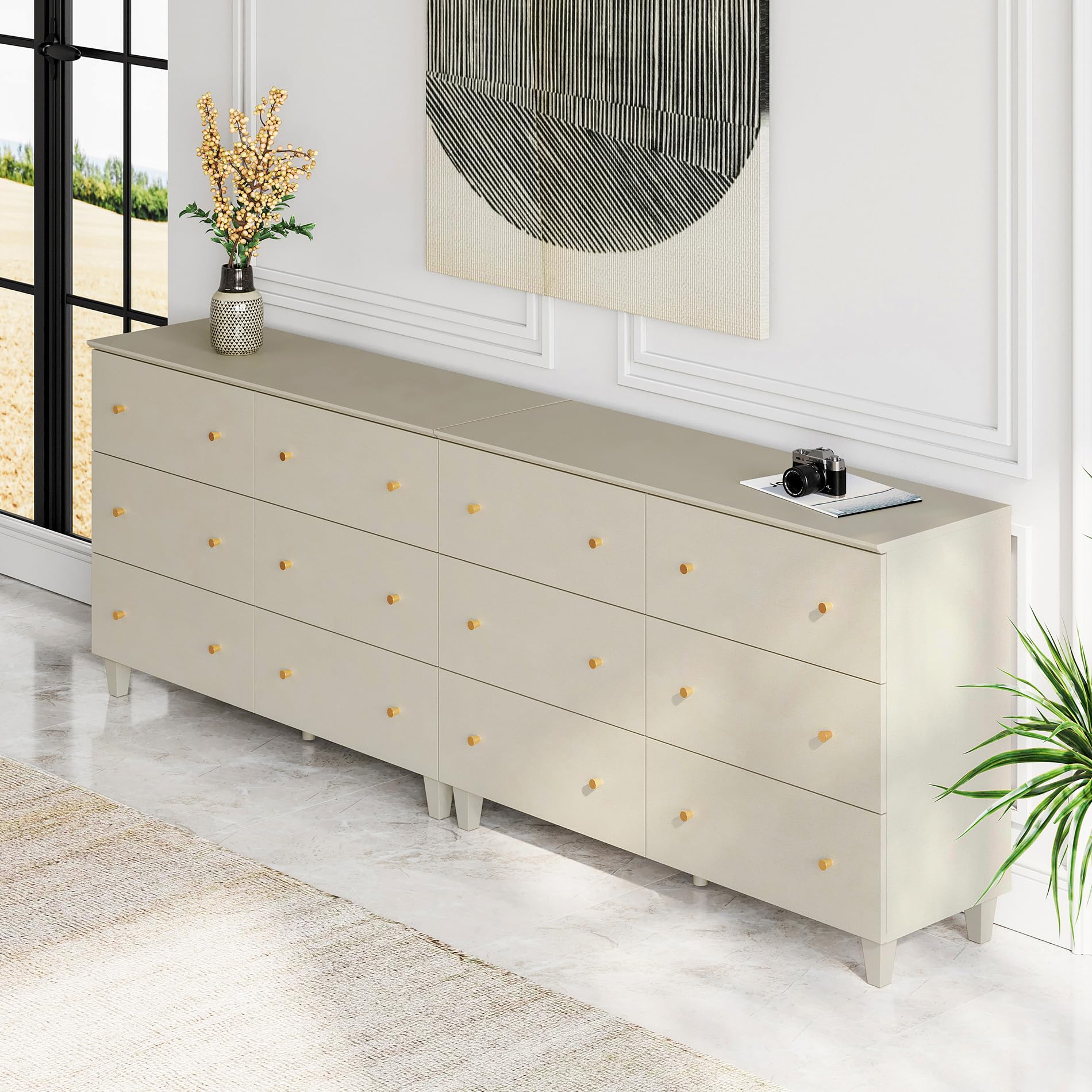 WAMPAT Set of 2 Bedroom Dressers with 12 Drawers, 2-in-1 Extra Wide Chest of Drawers, Modern Storage Organizer with Solid Wood Legs for Closet, Living Room, Hallway, Nursery, Beige Faux Linen Finish
