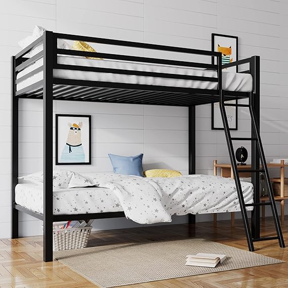 Twin Over Twin Metal Bunk Bed with Ladder & Guardrail