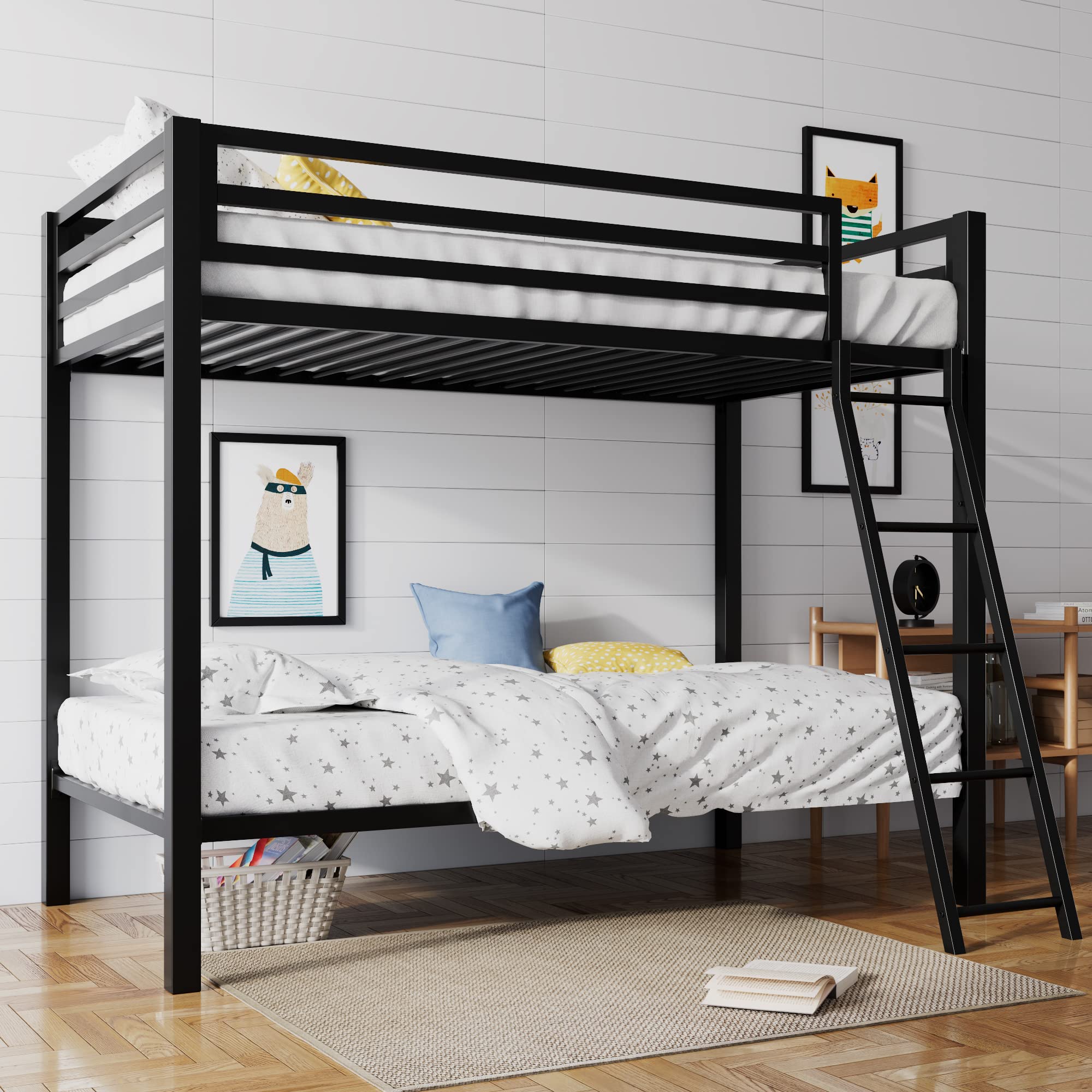 Twin Over Twin Metal Bunk Bed with Ladder & Guardrail