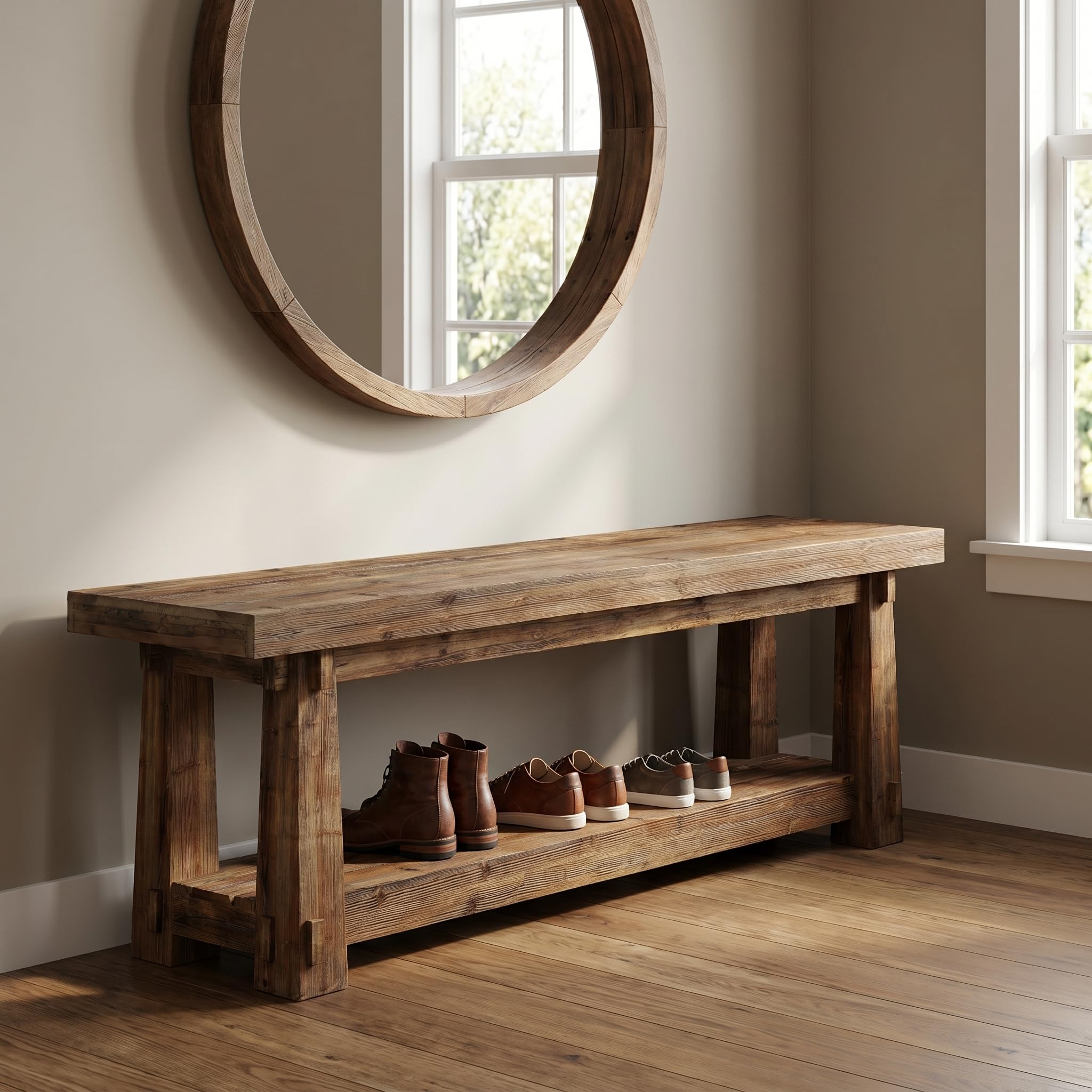 TRIBEWOOD 55" Solid Wood Entryway Bench with Shoe Storage, Rustic Wood Grain Shoe Rack Window Bench Seat for Foyer, Hallway, Mudroom, Bedroom, Easy Assembly (Rustic Light Wood)
