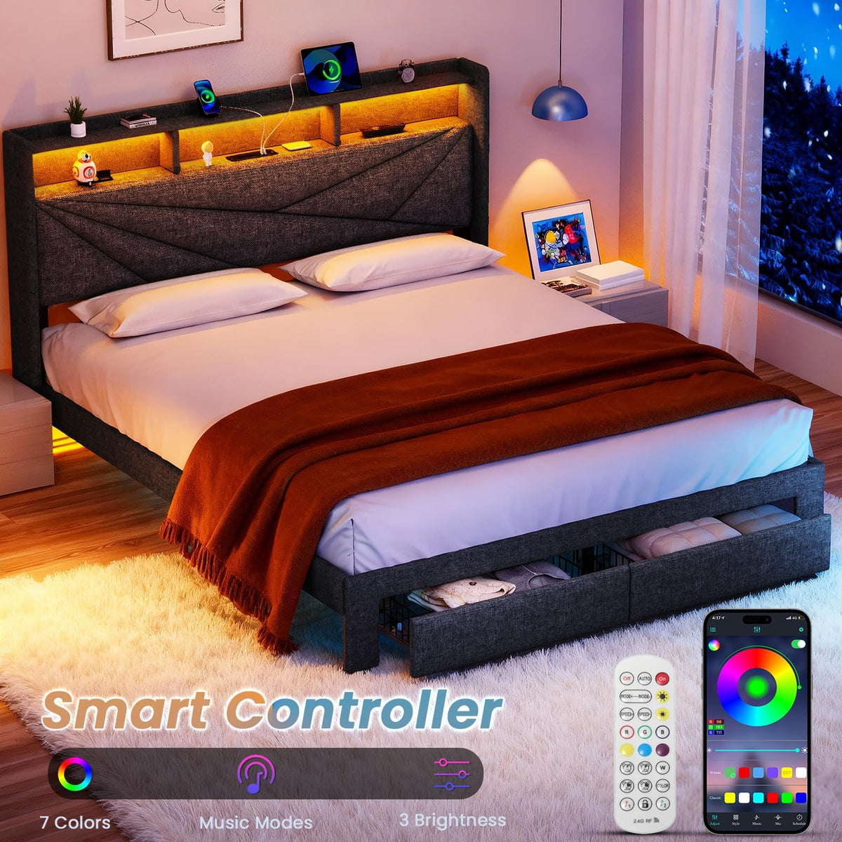 Queen Storage Bed with LED Lights